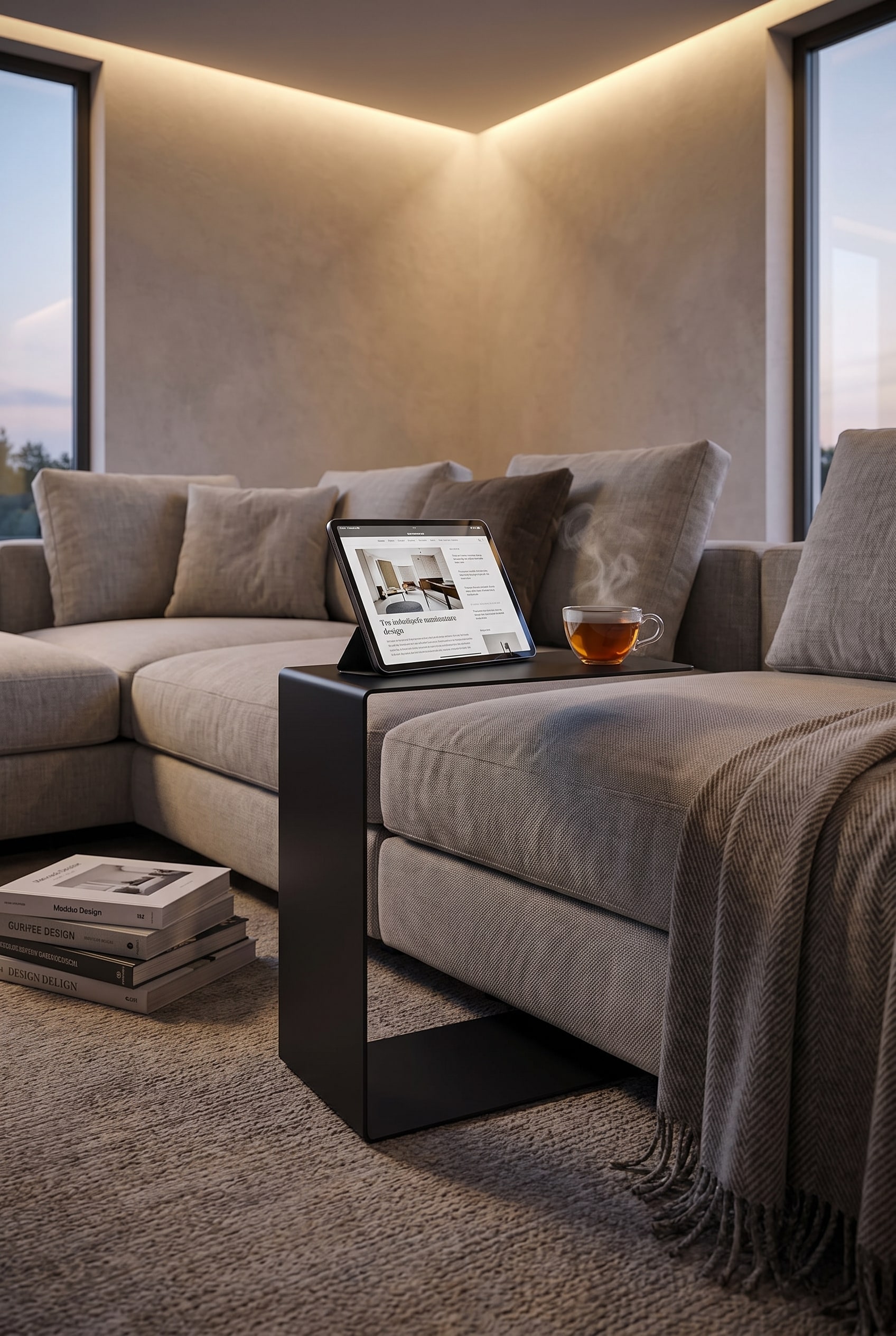 Modern living room with a filigree, over-the-sofa side table made of black metal, whose top extends directly over the seat cushion of a light gray sofa.