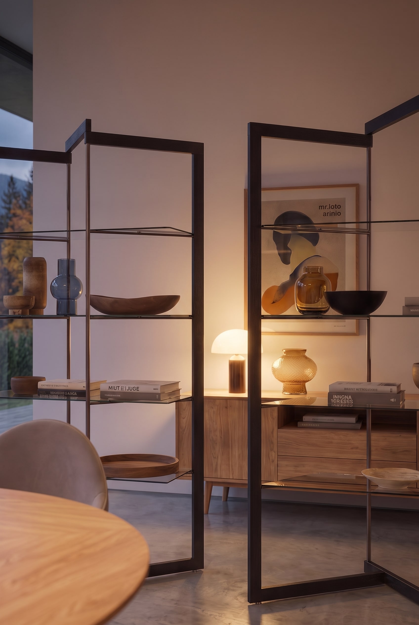 An open Ozzio Panto glass shelf as a room divider behind a round marble table in a modern dining area