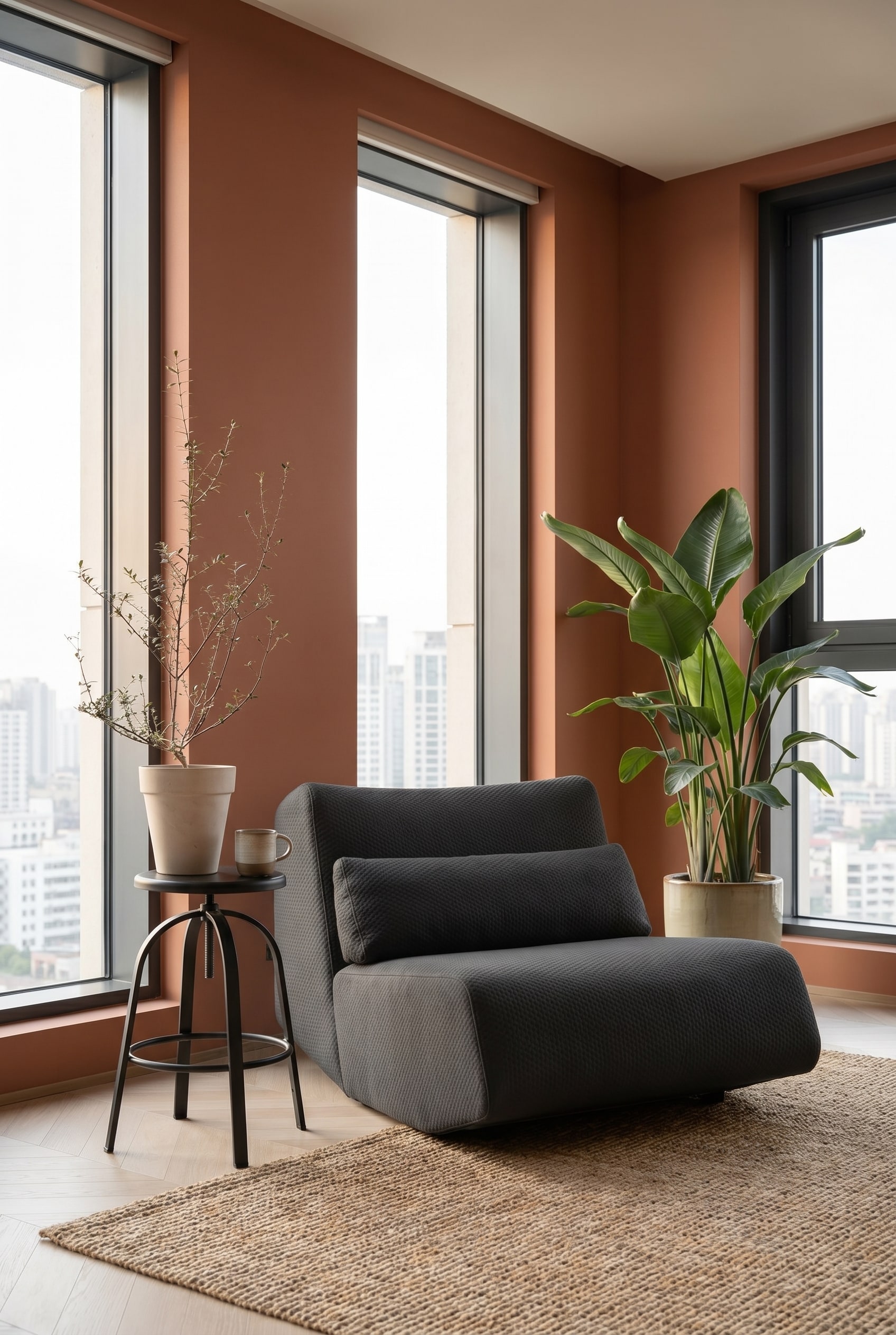 Modernes Wohnzimmer mit fließendem Lounge Sessel in Anthrazit und matten Terrakotta-Wänden