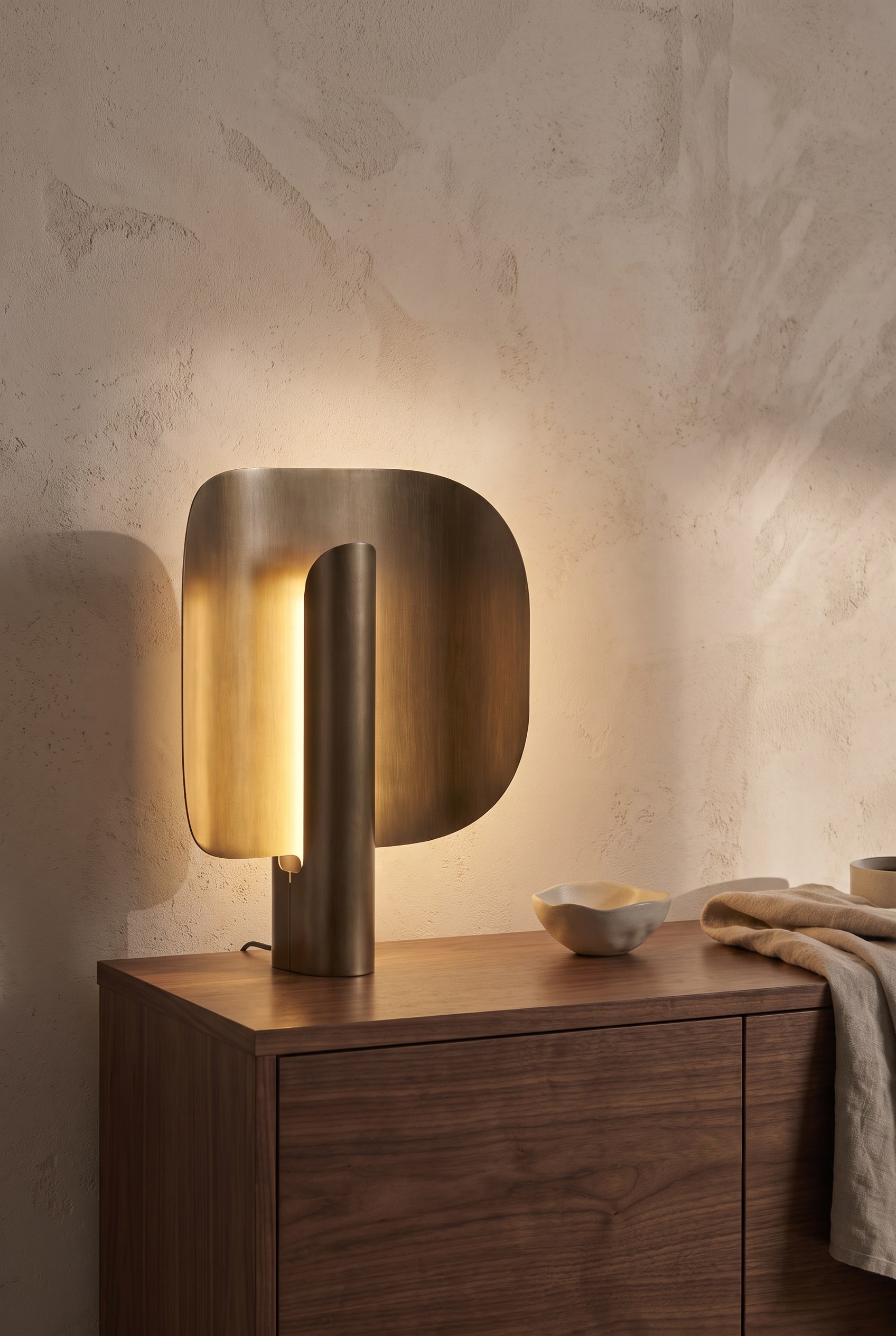 Sculptural bronze-colored table lamp on a walnut sideboard in front of a light plastered wall