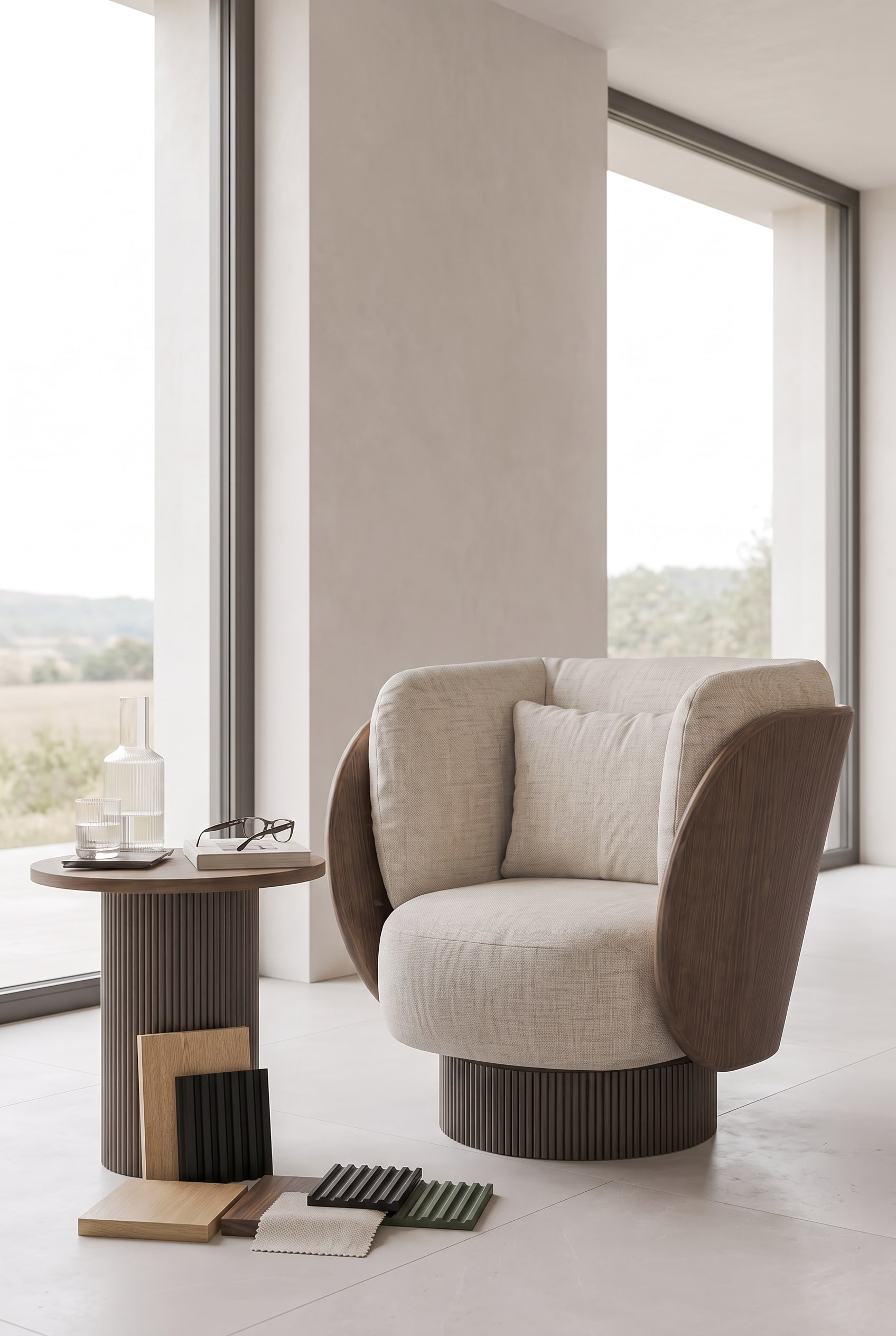 Various material samples for the Punt Dune Armchair: wood veneers, lacquer colors, and fabrics.