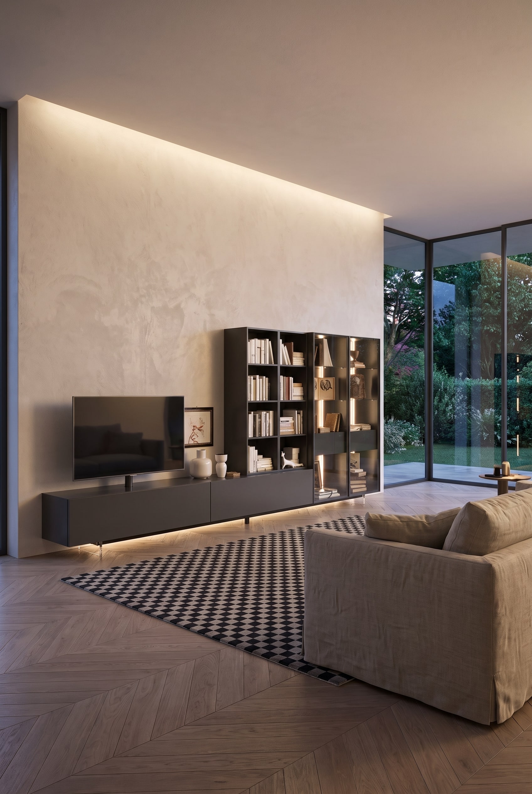 A modern wall unit combination with a floor-standing lowboard and asymmetrically arranged wall-mounted elements in continuous material.