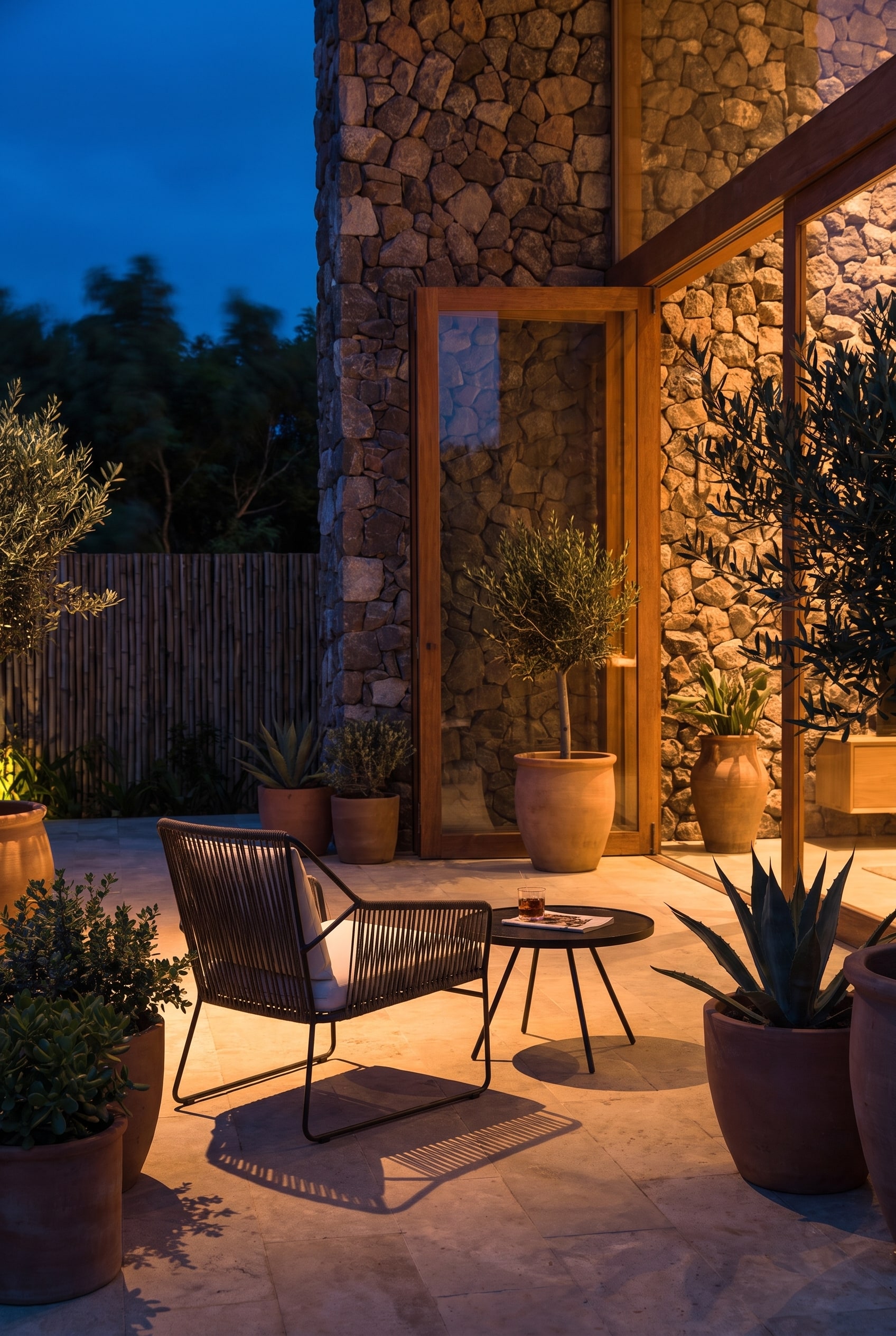 Oasiq Sandur Stainless Steel Rope Armchair on an evening-lit terrace with warm light