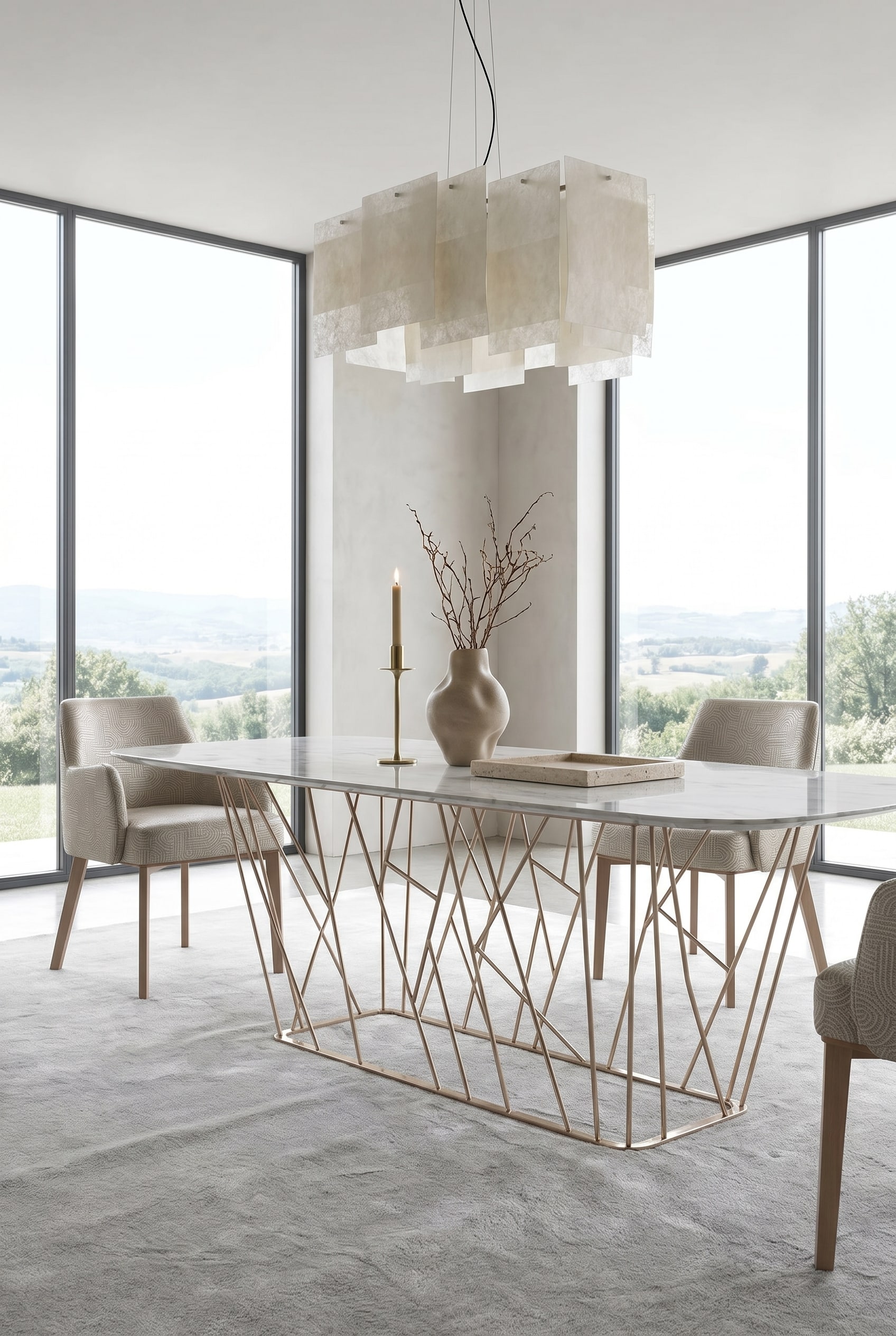 Marble table with a complex, net-like metal base, decorated with an asymmetrical group of three ceramic objects
