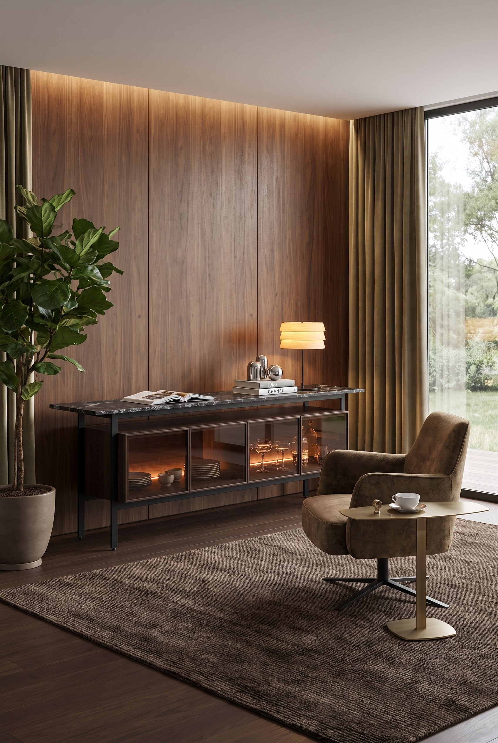 Sideboard made of dark wood with integrated LED lighting behind tinted glass doors in a warm room