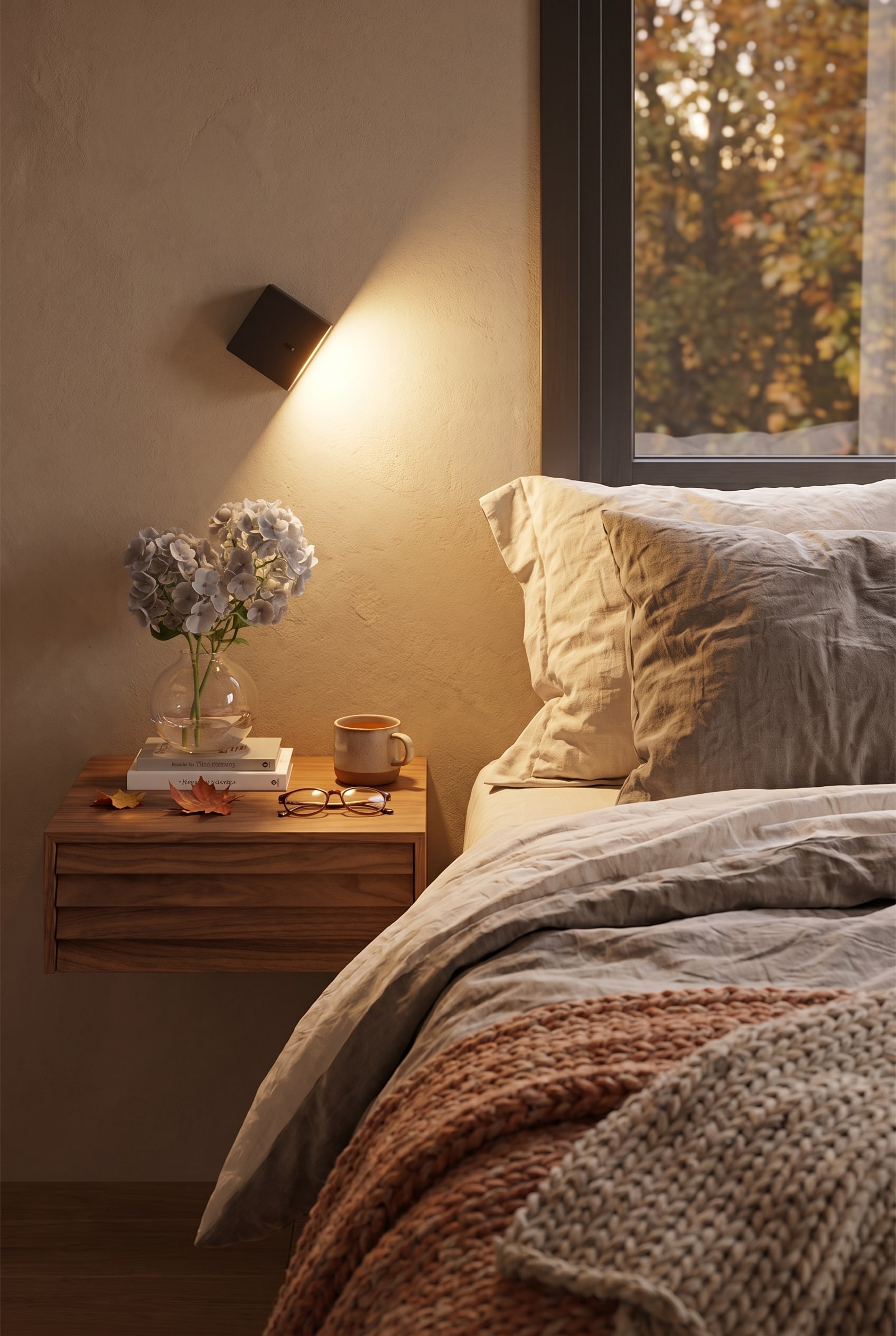 A cozy bedroom in an autumn look with the Punt Sussex nightstand, whose striking horizontal wooden slats reflect the warm room lighting.