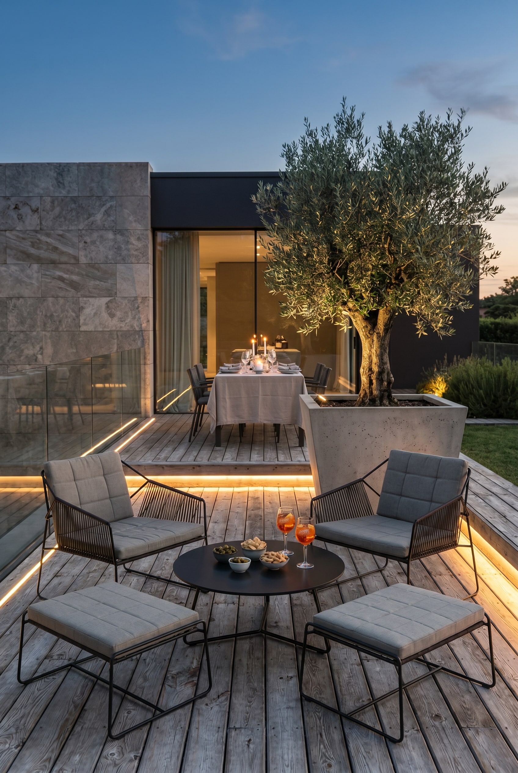 Architektonische Terrasse mit zwei kleinen Outdoor-Hockern aus Schnurgeflecht neben einem Pflanzgef&auml;&szlig;