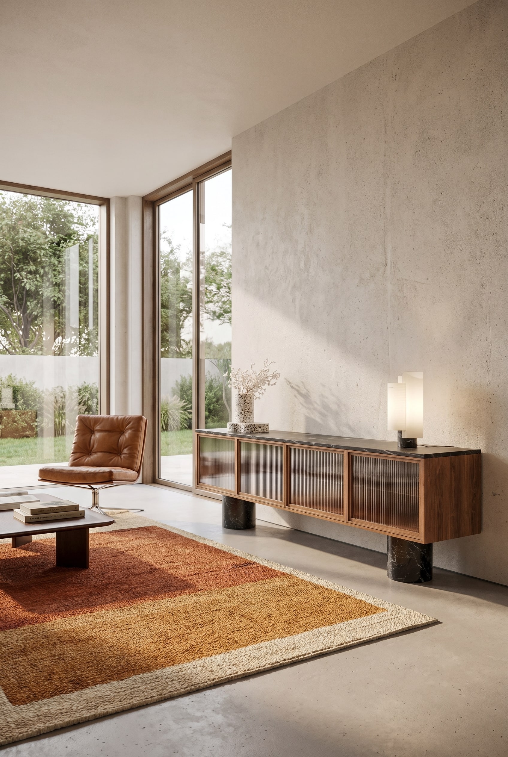 Elegant sideboard with fluted glass fronts and black marble legs in front of a light wall