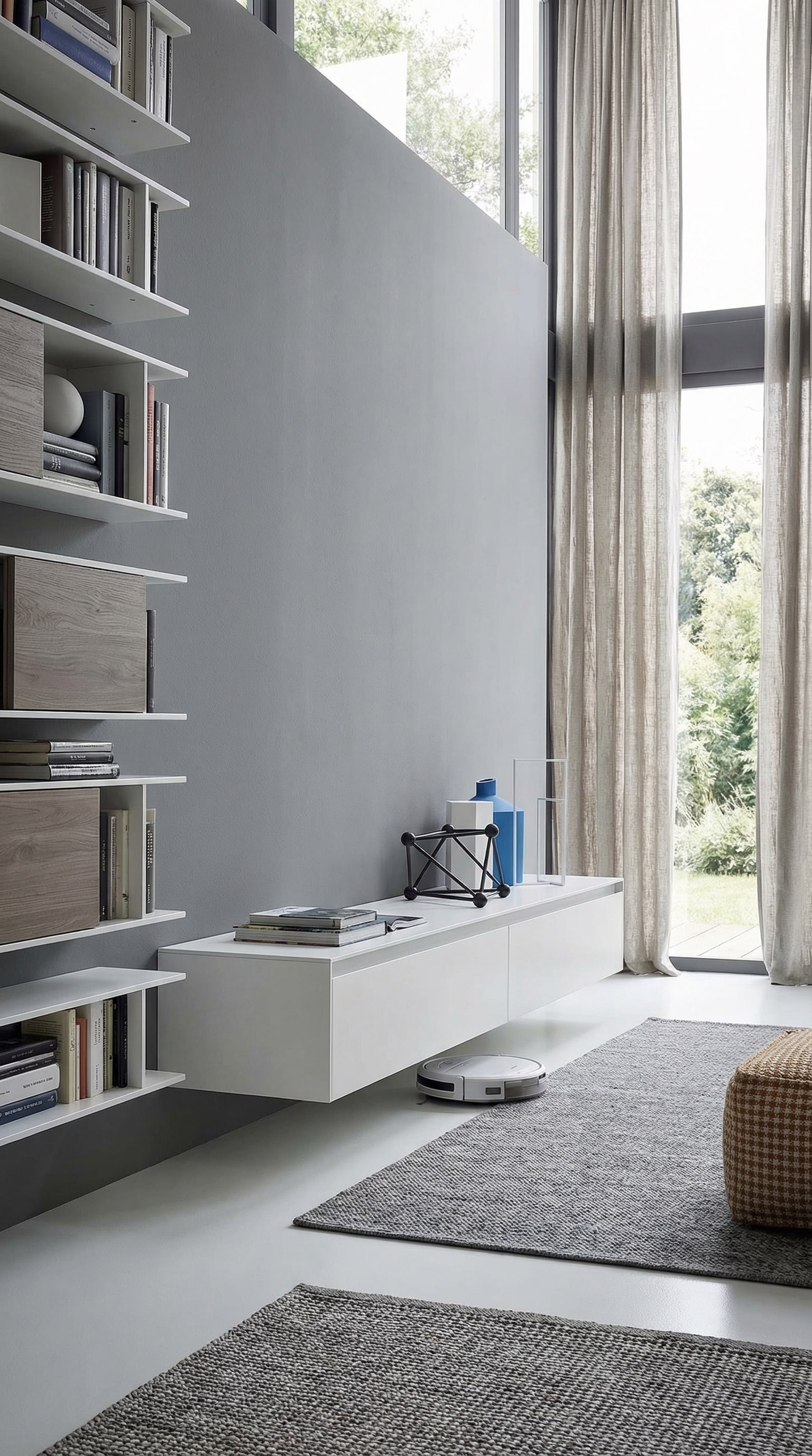 Modulares, asymmetrisches Lowboard an einer grauen Wand Modulares, asymmetrisches Lowboard an einer grauen Wand