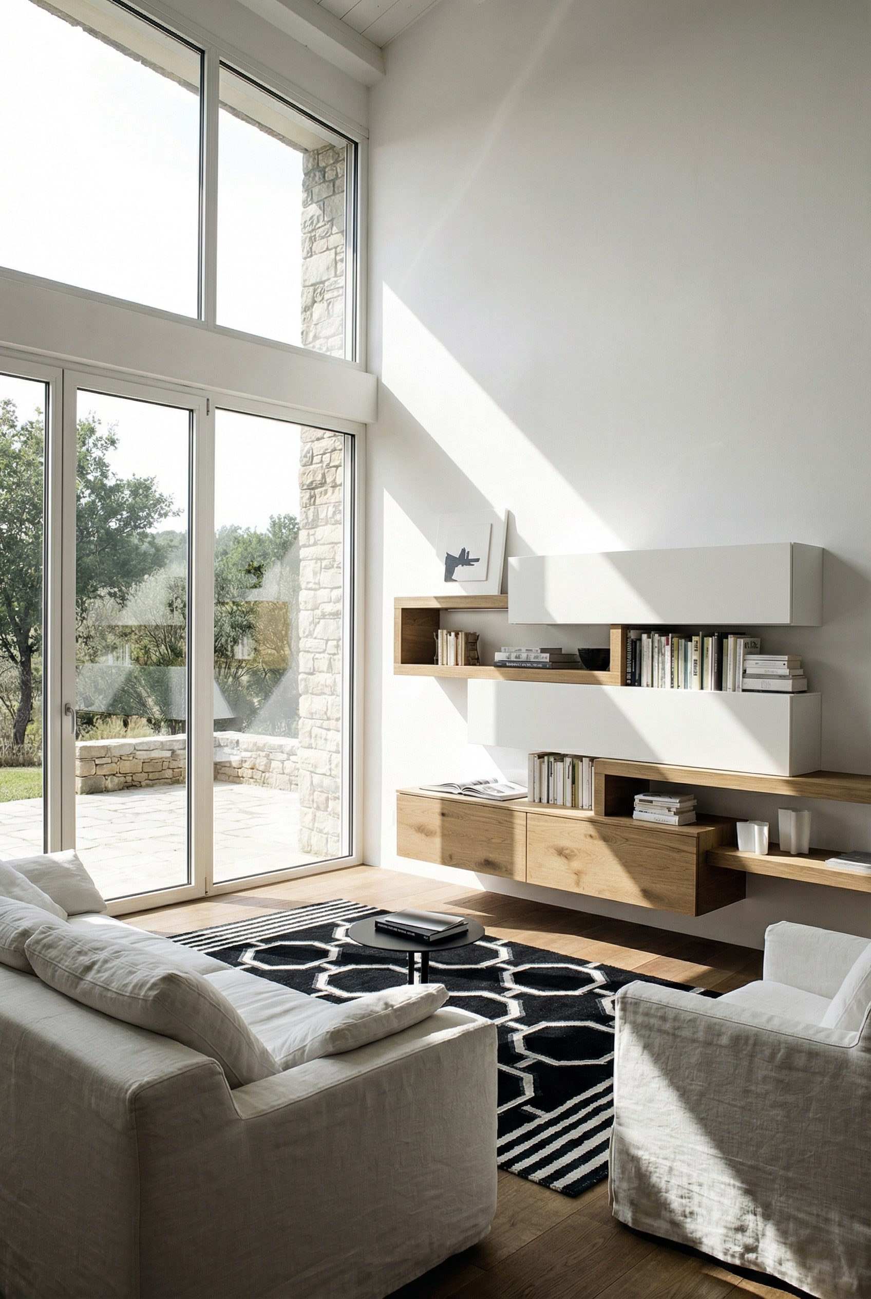 Modernes Wohnzimmer mit einer asymmetrisch ausbalancierten Wohnwand