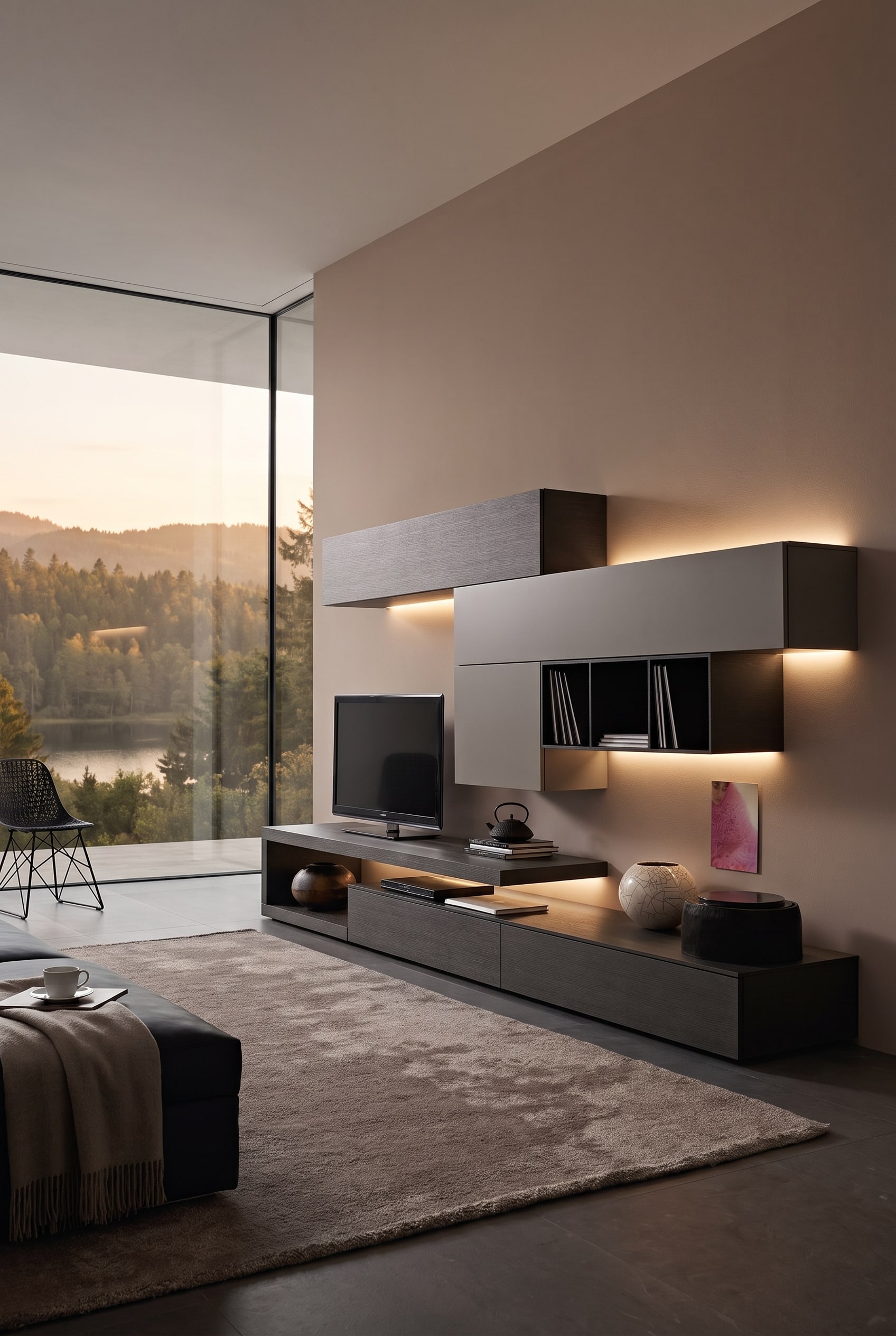 Moderne Livitalia Wohnwand C99 aus dunklem Holz, die vor einer Wand in der Trendfarbe Macchiato einen starken architektonischen Kontrast bildet. Moderne Livitalia Wohnwand C99 aus dunklem Holz, die vor einer Wand in der Trendfarbe Macchiato einen starken architektonischen Kontrast bildet.