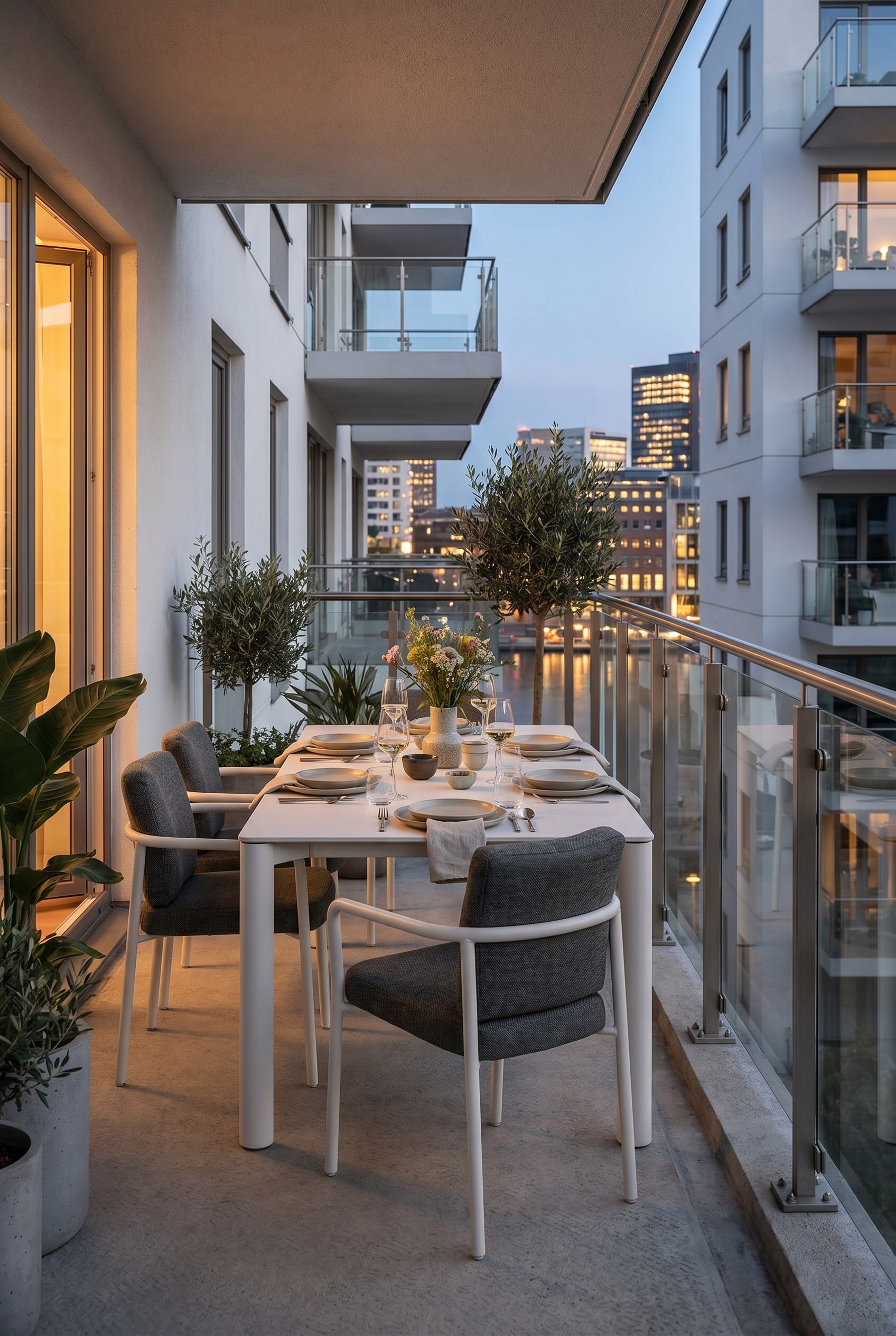 St&auml;dtischer Balkon bei D&auml;mmerung mit einem puristischen, wei&szlig;en Outdoor-Esstisch aus Aluminium und zwei passenden St&uuml;hlen vor einer Glasbr&uuml;stung