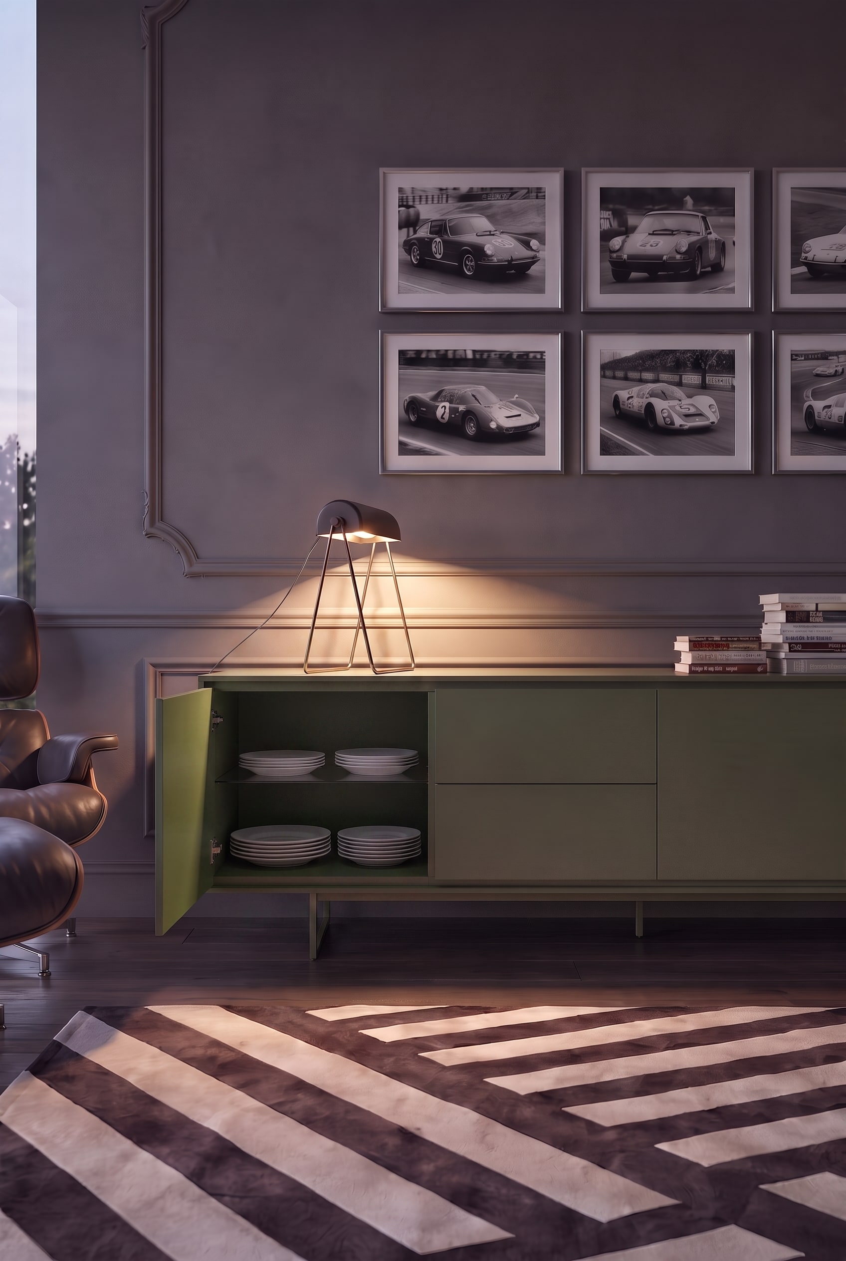 Open olive green sideboard shows white dinnerware on delicate glass shelves in the unlit interior.