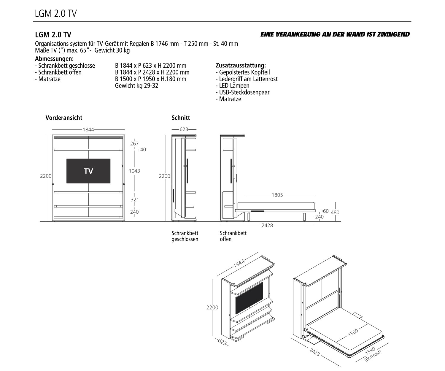 Design Schrankbett mit TV Wohnwand Halterung Design Schrankbett mit TV Wohnwand Halterung