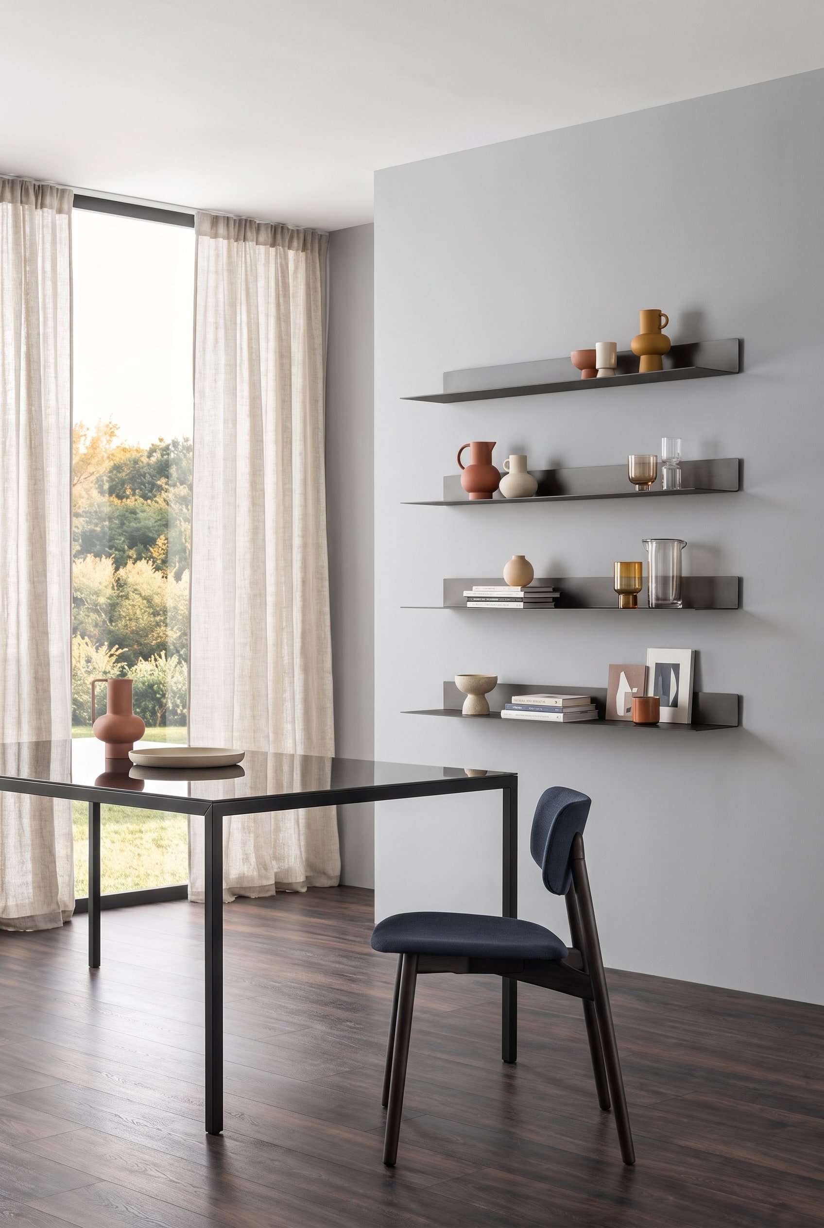 Minimalistisches Esszimmer mit Wandregalen aus Metall über einem dunklen Esstisch und kleinen Keramikobjekten