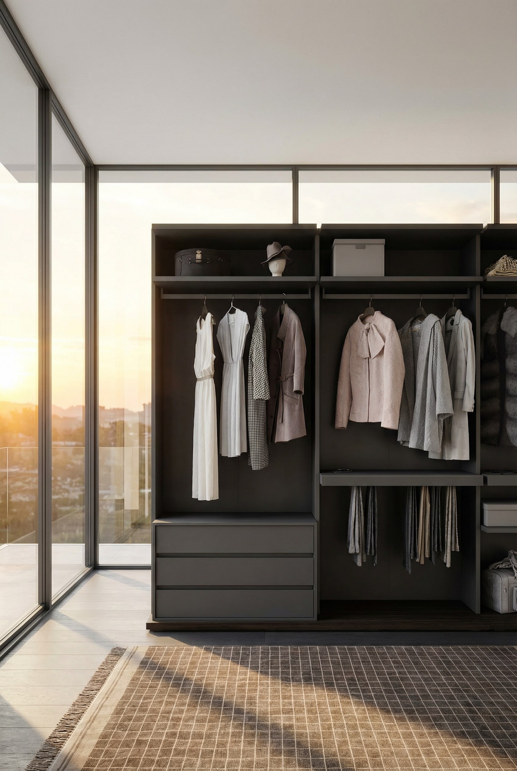 Wandmontiertes, schwebendes Kleiderschrank-System für optische Leichtigkeit Wandmontiertes, schwebendes Kleiderschrank-System für optische Leichtigkeit