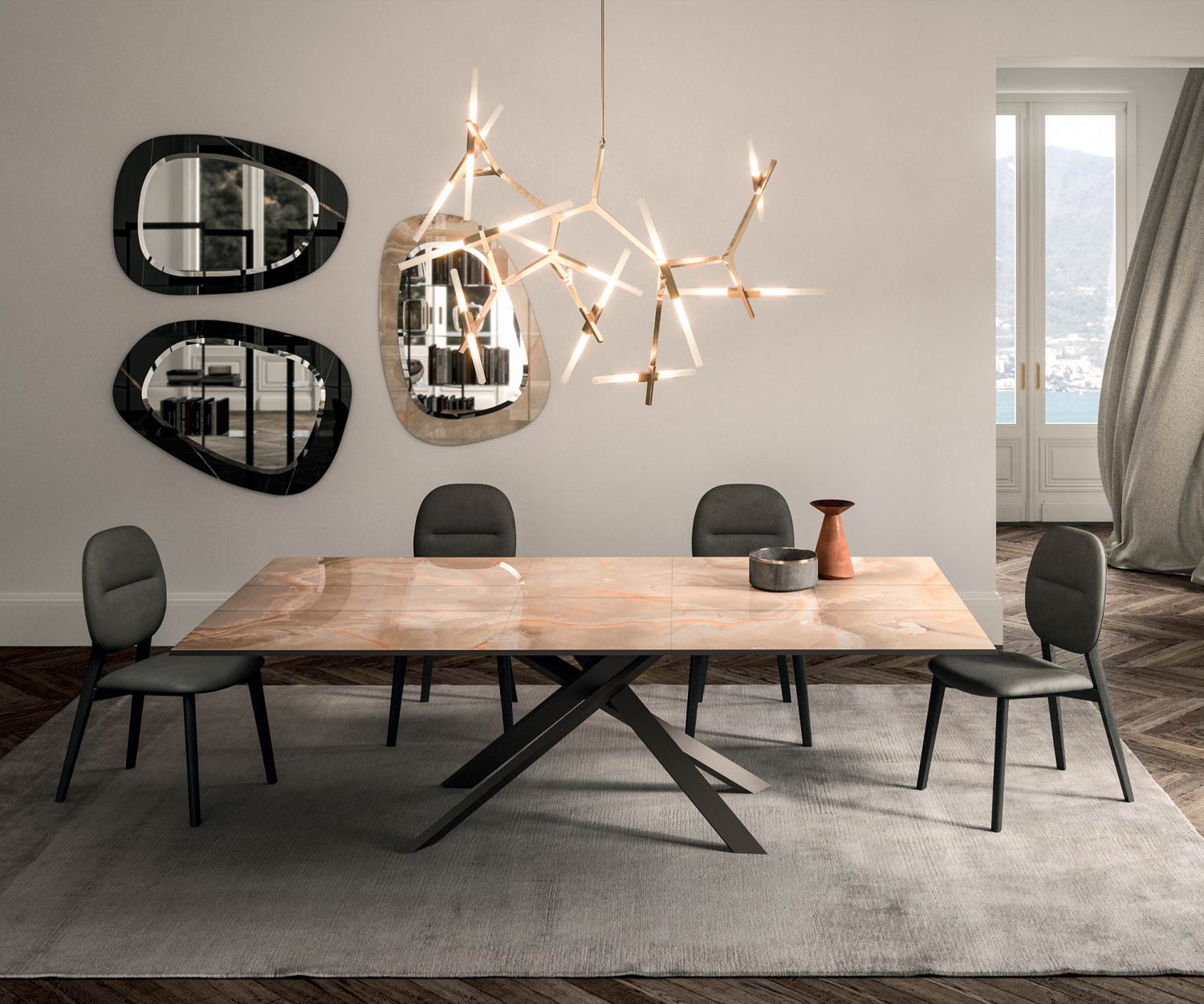 Platzsparender Design Marmor Glas Tisch Ozzio T240 4x4 Onyx Farben