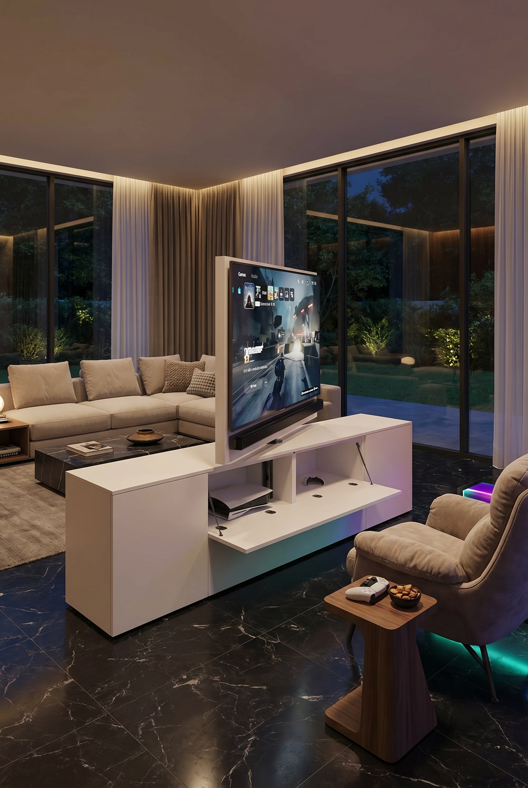 Offenes Wohnzimmer mit drehbarem Raumteiler-Sideboard aus dunklem Holz, Fernseher und beigem Ecksofa