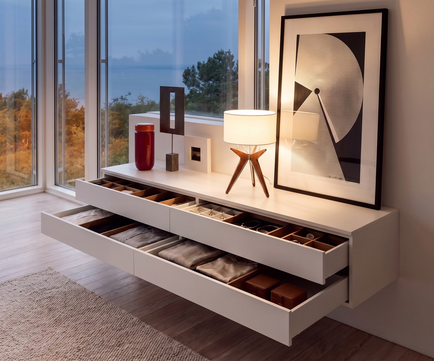 Hängekommode im Schlafzimmer: Weiße Novamobili Hängekommode Easy mit 4 Schubladen in modernem, minimalistischem Design.