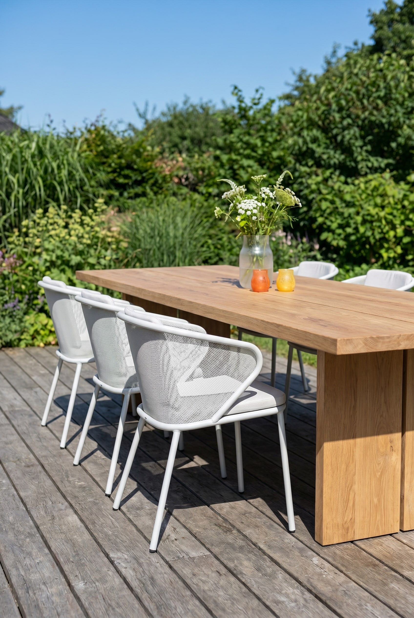Delicate Todus Condor Armchair made of powder-coated steel tube at a massive oak table on a modern terrace.