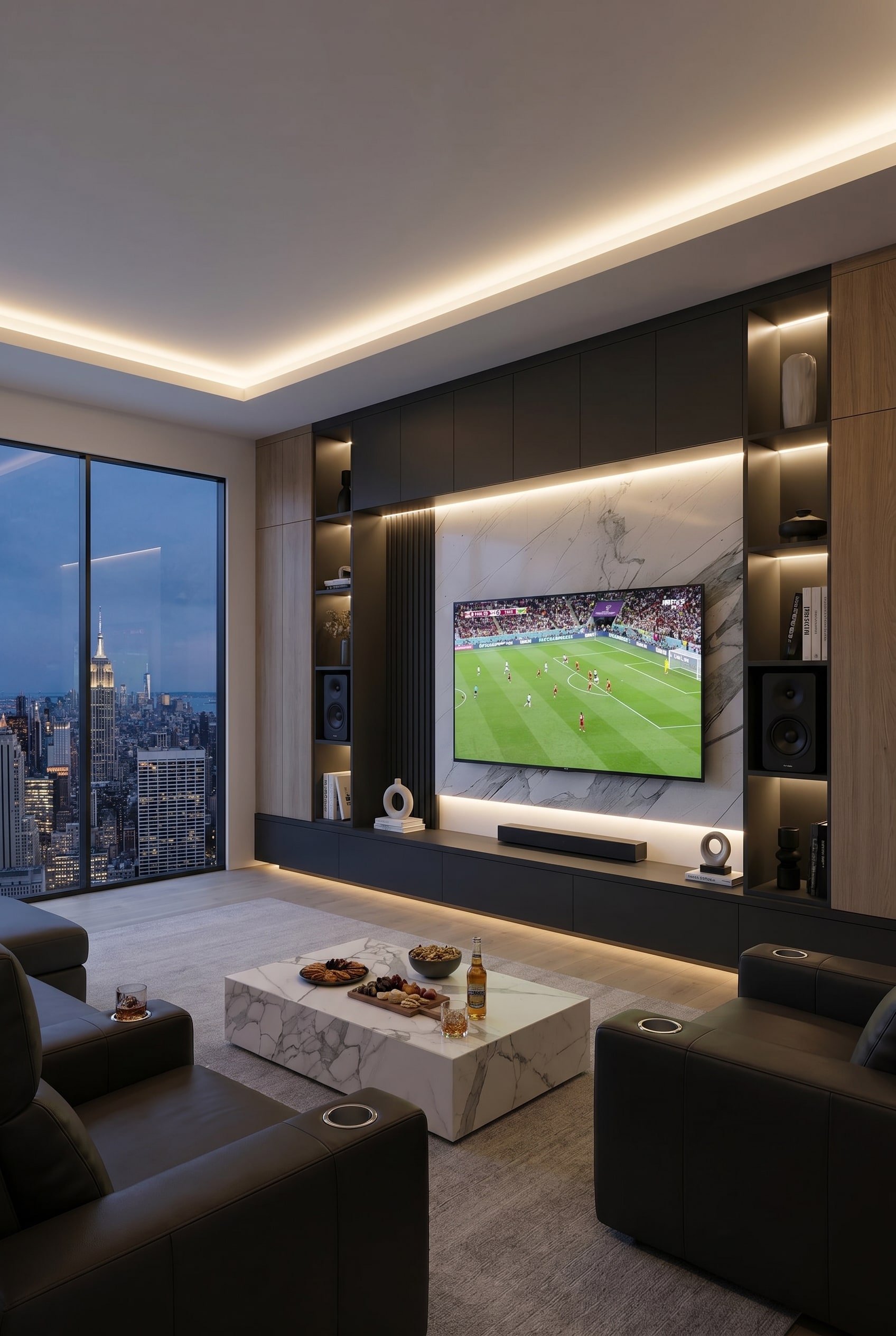 Custom-made, asymmetrical wall unit in a modern living room with precisely fitting compartments for audio technology and decorative objects
