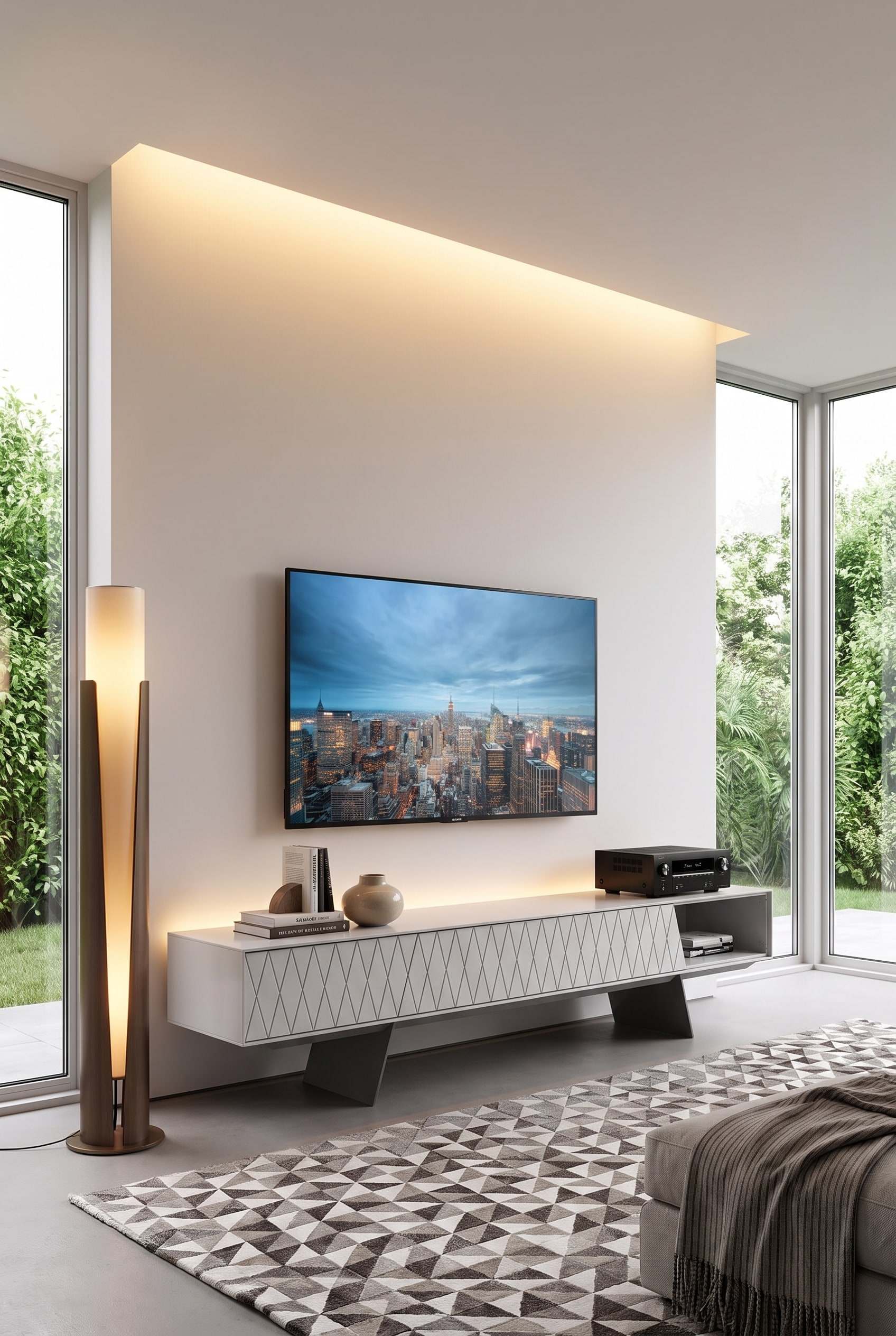 Minimalist living room with flat al2 e-klipse 008 Lowboard and a flatscreen placed on it