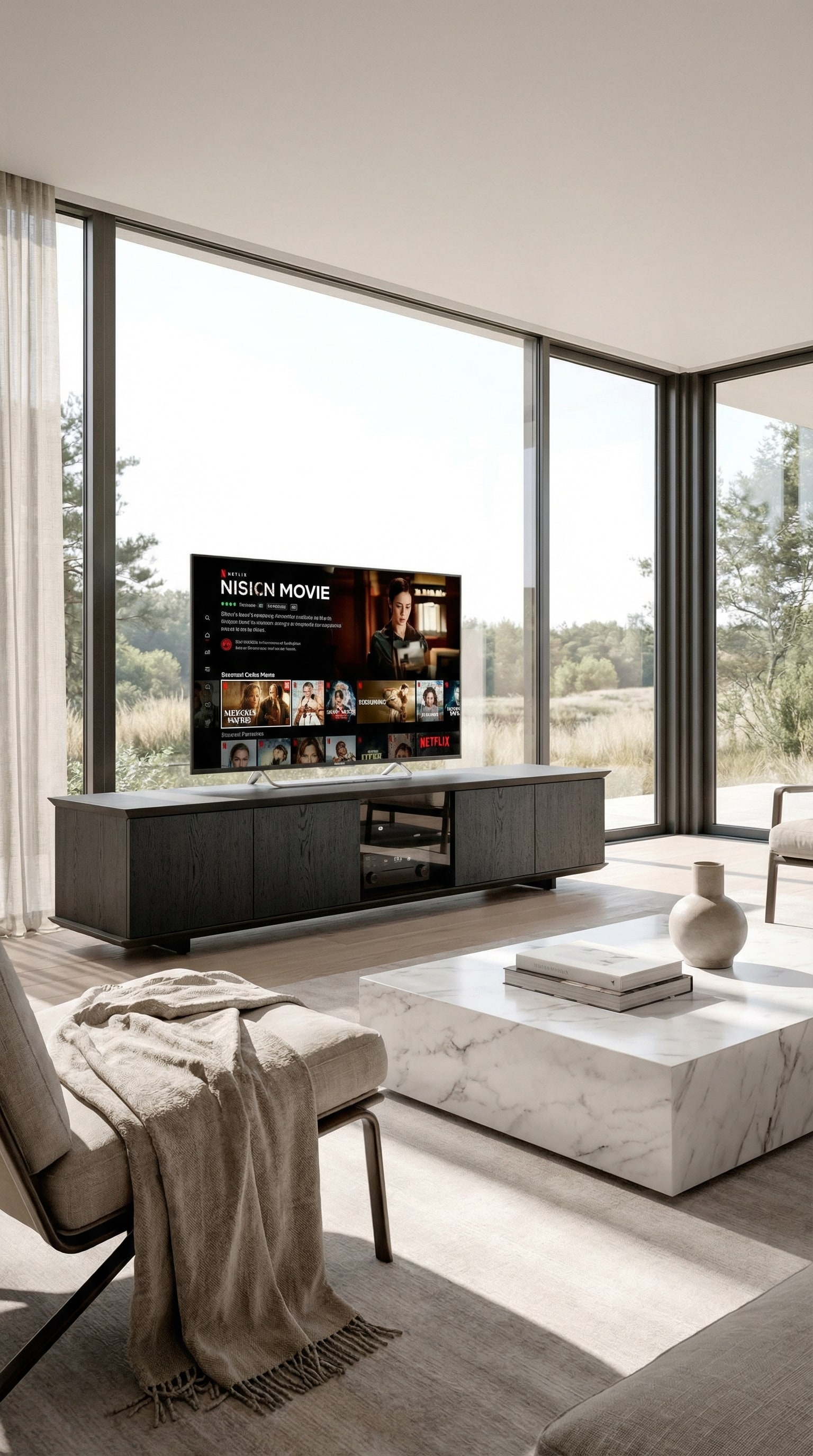 Ozzio Brera TV Media Lowboard mit unsichtbarer Technik-Integration in einem hellen Wohnzimmer Ozzio Brera TV Media Lowboard mit unsichtbarer Technik-Integration in einem hellen Wohnzimmer