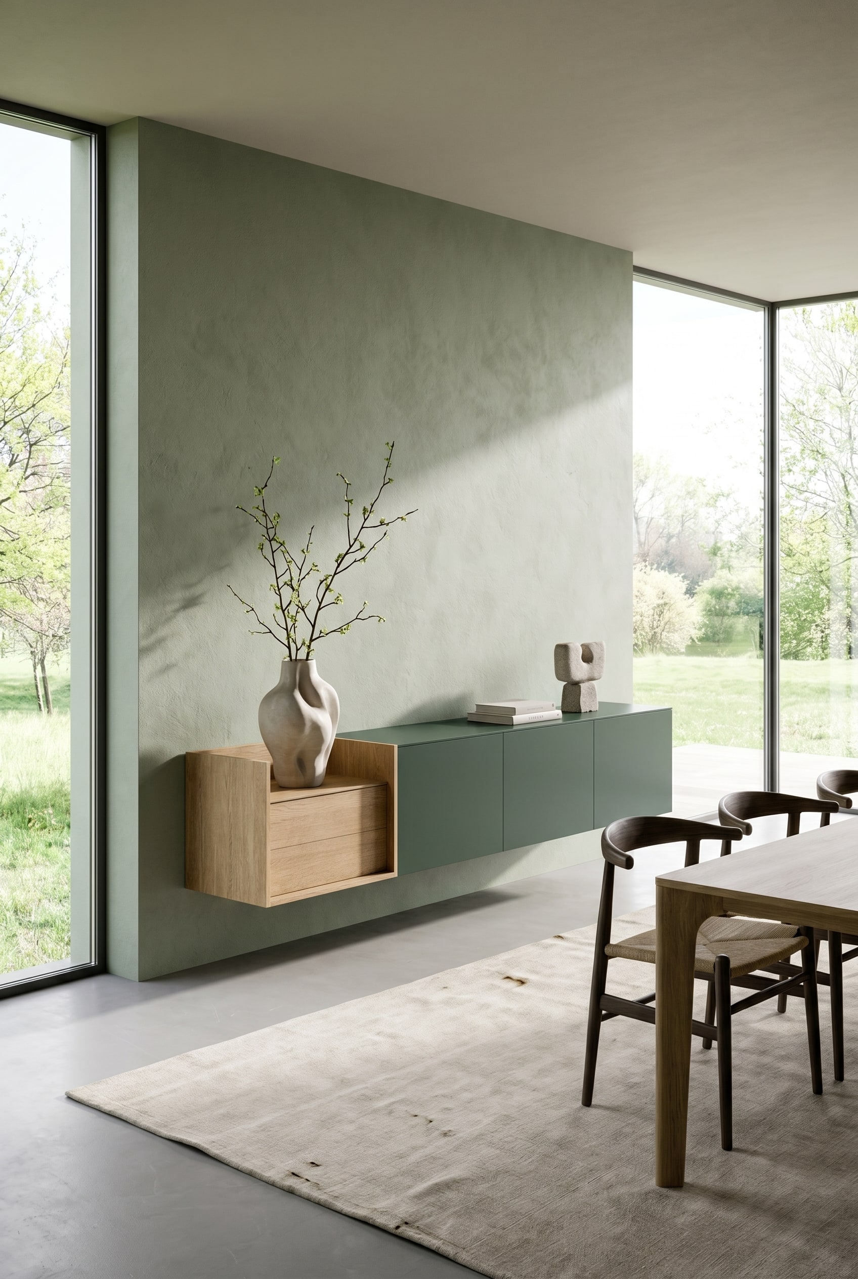 Mattes salbeigr&uuml;nes Wand-Sideboard in einem modernen Wohnzimmer mit viel Tageslicht