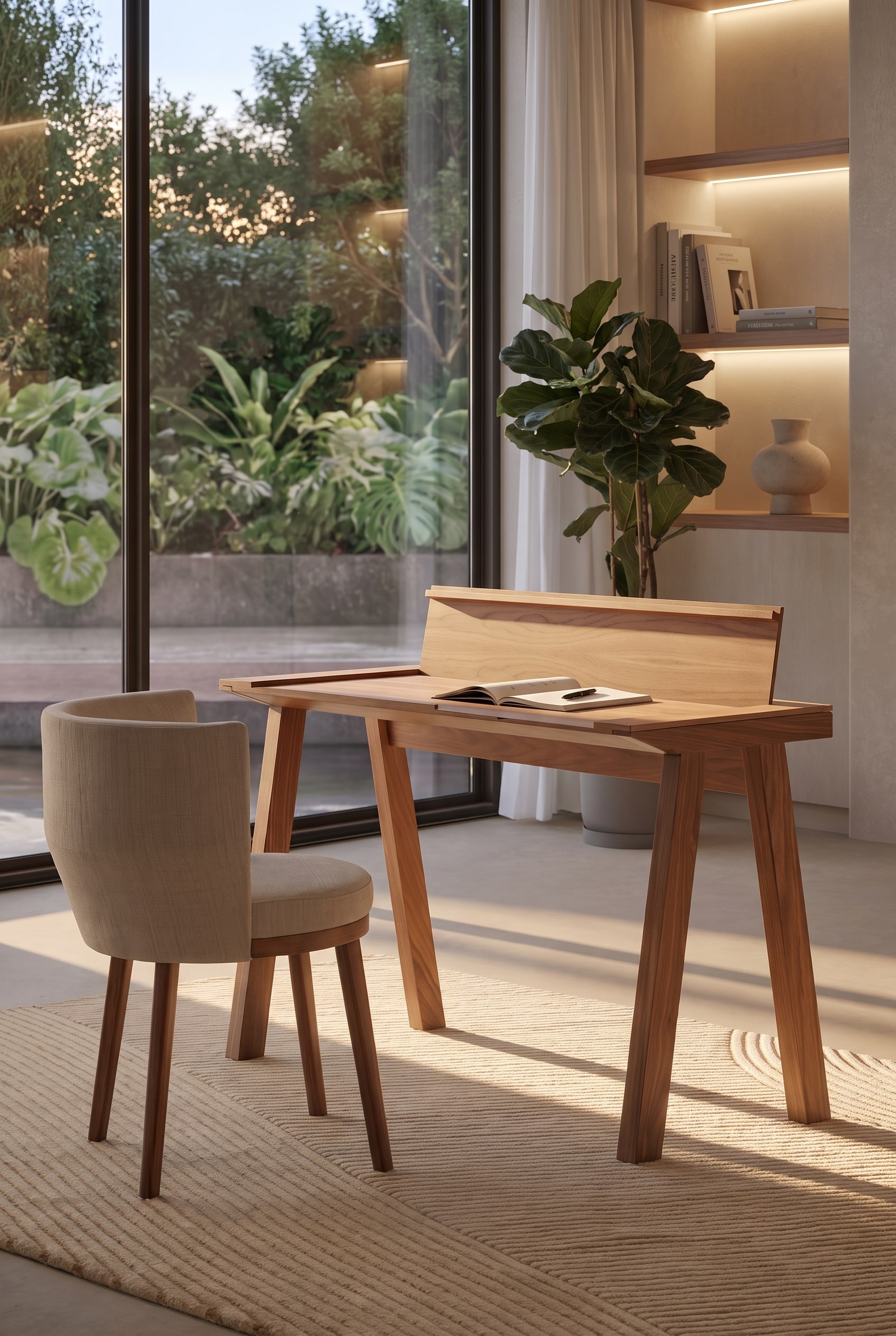 Eleganter Holz-Sekretär mit hochgeklapptem Aufsatz und einem gemütlichen, beigen Polsterstuhl auf einem hellen Teppich