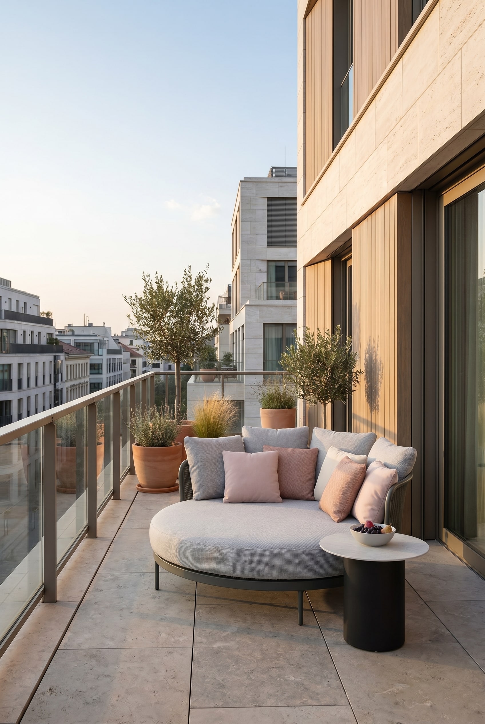 Gro&szlig;z&uuml;giger Stadtbalkon mit einem runden hellgrauen Outdoor-Daybed mit dicken Polstern, flankiert von einem niedrigen Beistelltisch