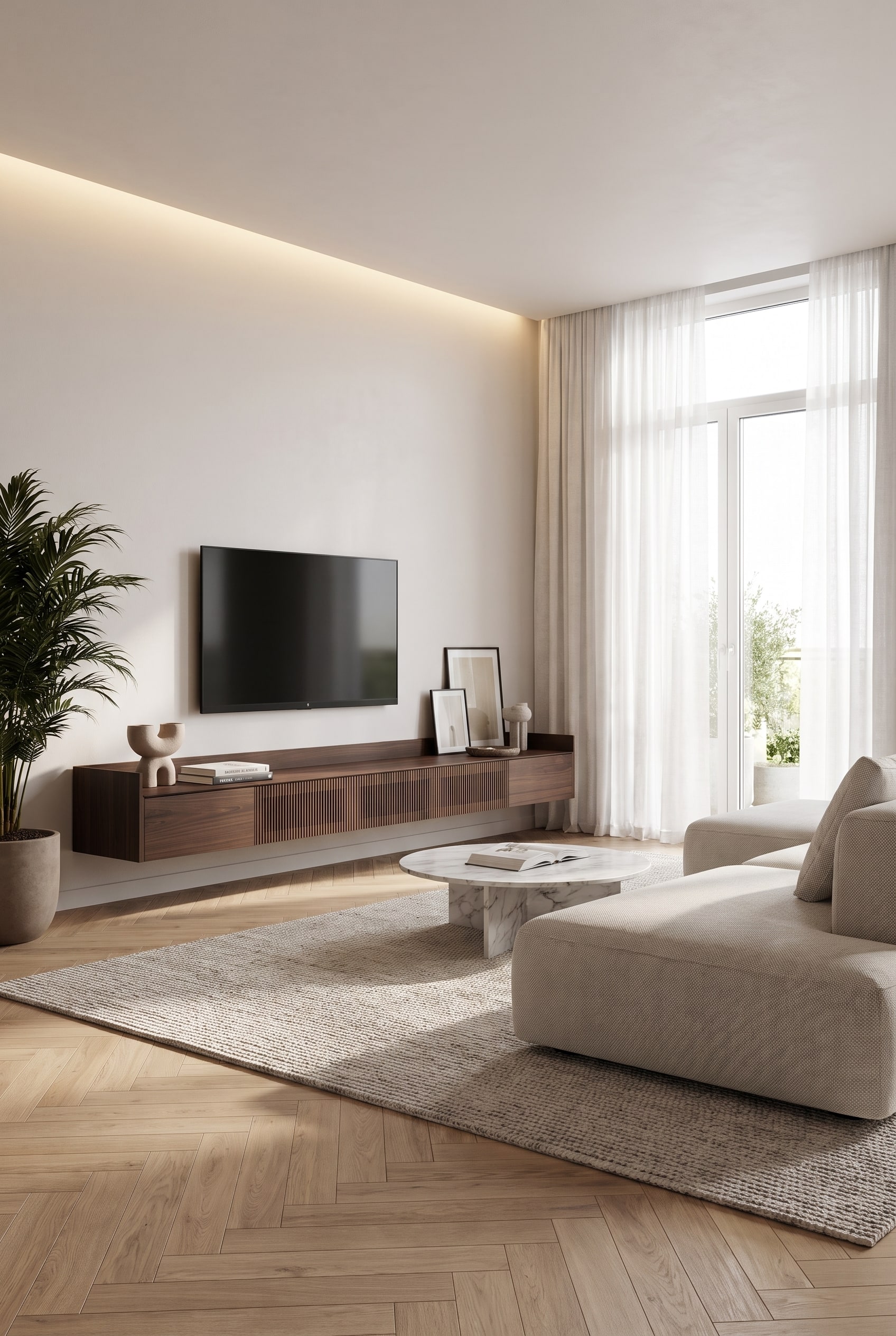 Minimalist living room with a wall-mounted wooden lowboard, handleless fronts, and subtle LED backlighting.