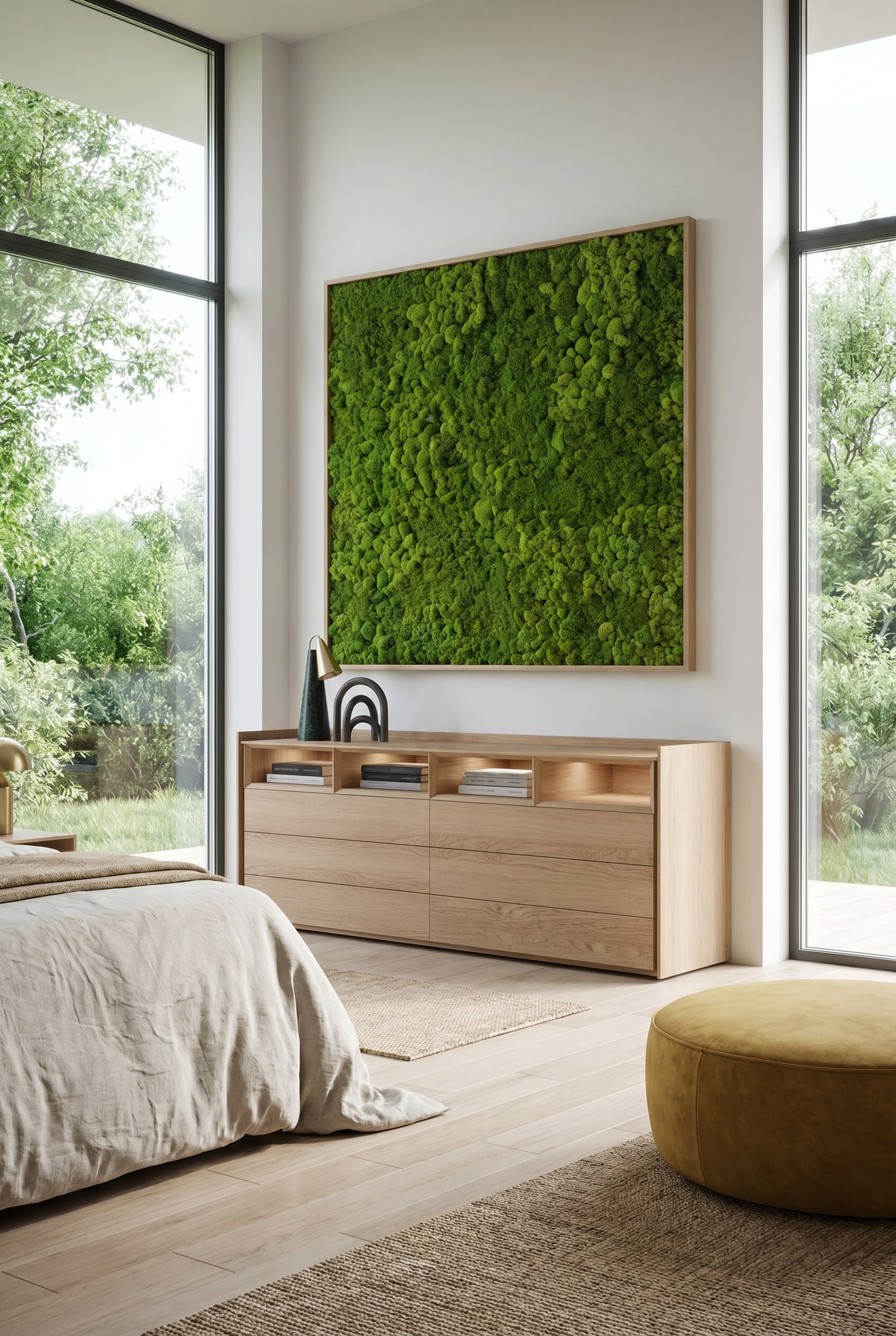 Schlafzimmer mit Eichenholz-Kommode mit offenen F&auml;chern, dar&uuml;ber ein Moosbild und ein gelber Pouf