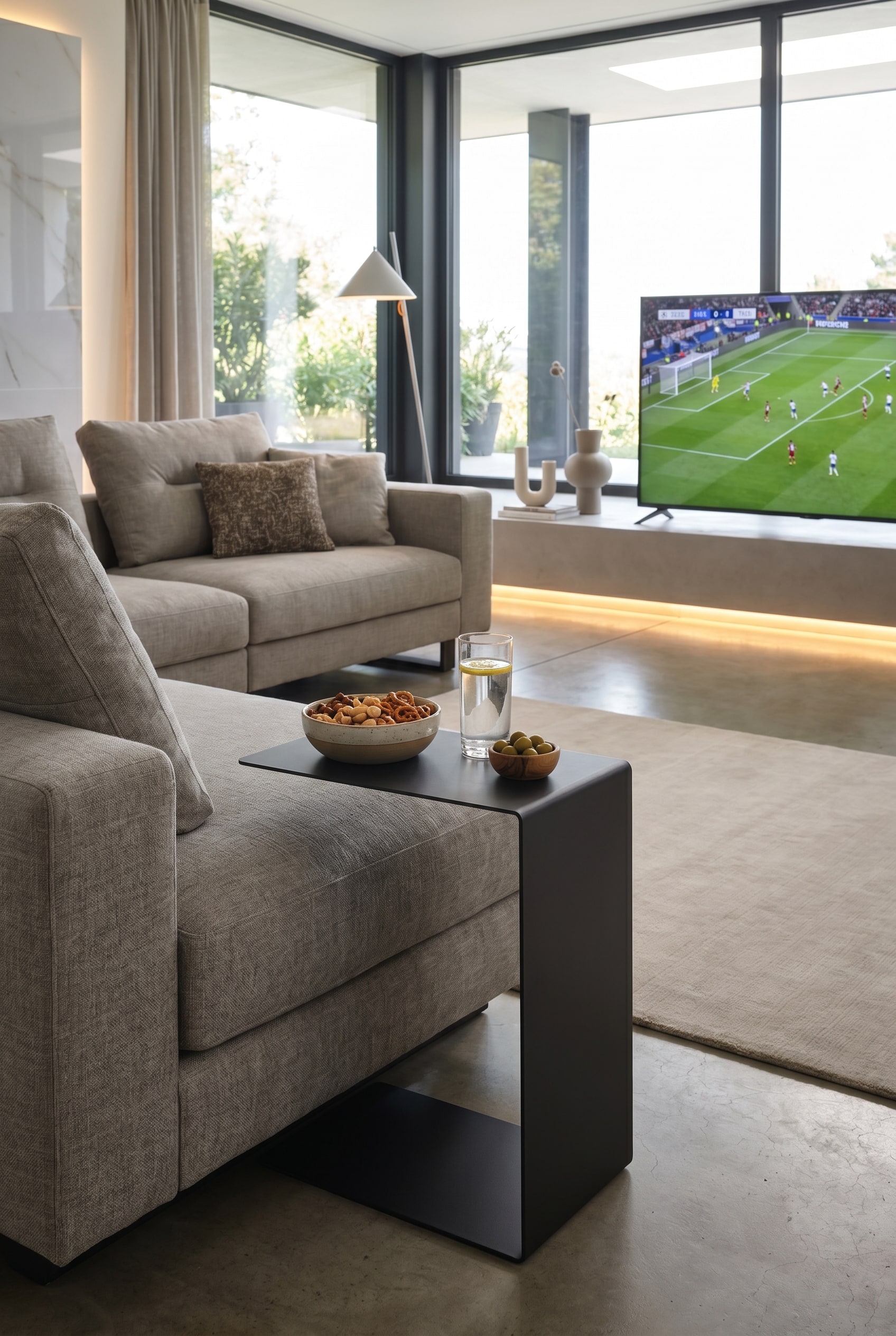 Ein moderner Marelli Mini Sofa Beistelltisch in C-Form, dessen Ablagefl&auml;che mit einem Getr&auml;nk und Snacks &uuml;ber die Armlehne eines gem&uuml;tlichen Sofas reicht.