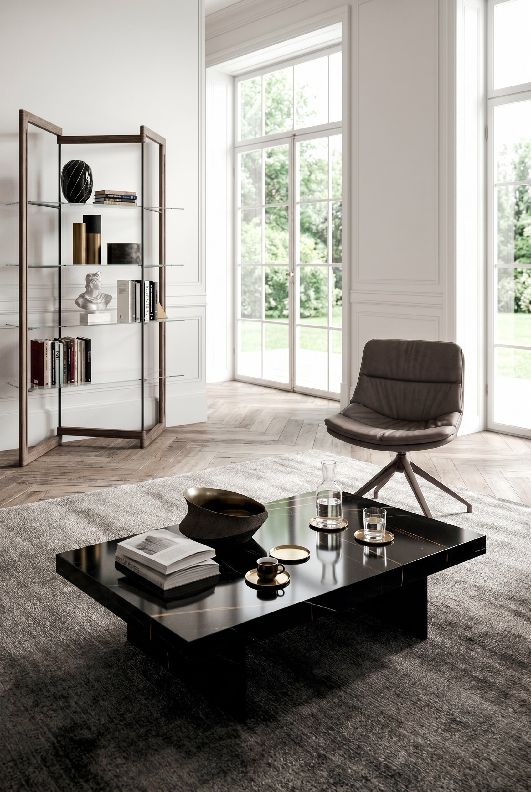 Dunkler Holz-Couchtisch im Dark Luxury Stil, dekoriert mit gestapelten Travertin-Untersetzern und einer gl&auml;nzenden Bronze-Schale