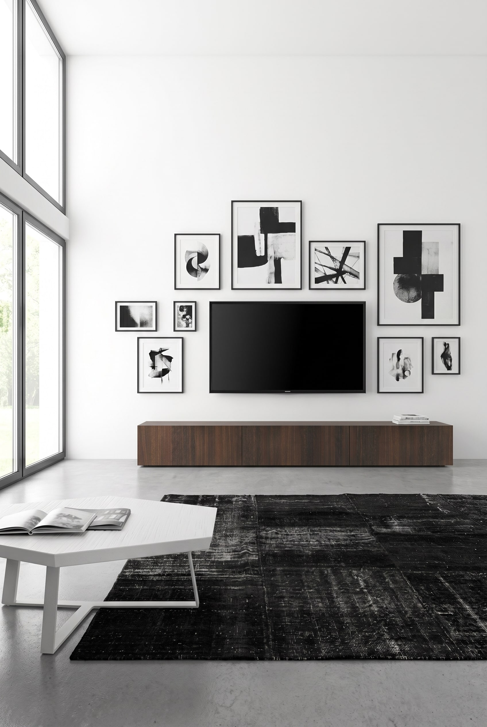 Brown oak wood lowboard with a flat silhouette under a turned-off television against a light wall in a minimalist living room