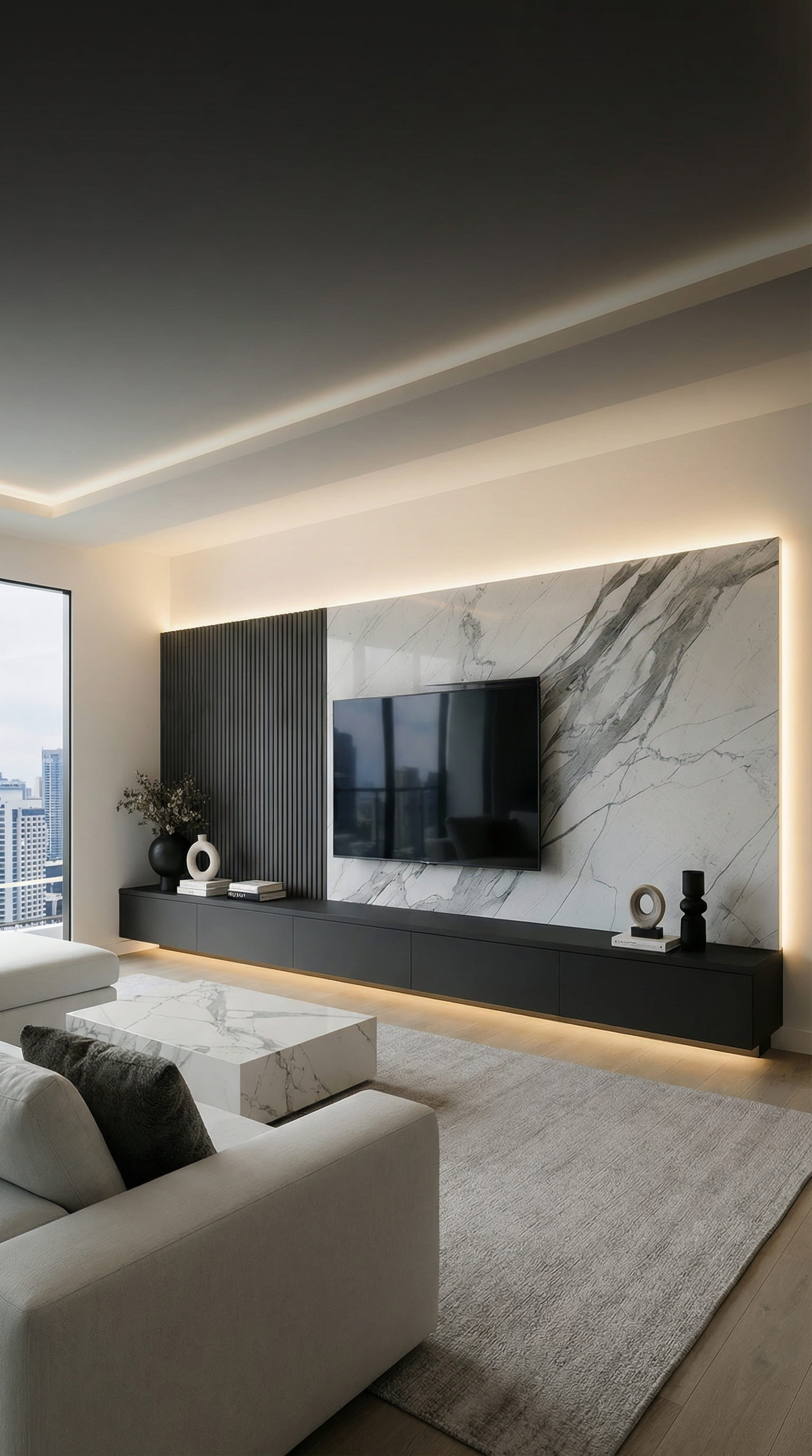 Luxuriöse TV-Wand mit Marmor-Paneel und Akustik-Lamellen Luxuriöse TV-Wand mit Marmor-Paneel und Akustik-Lamellen