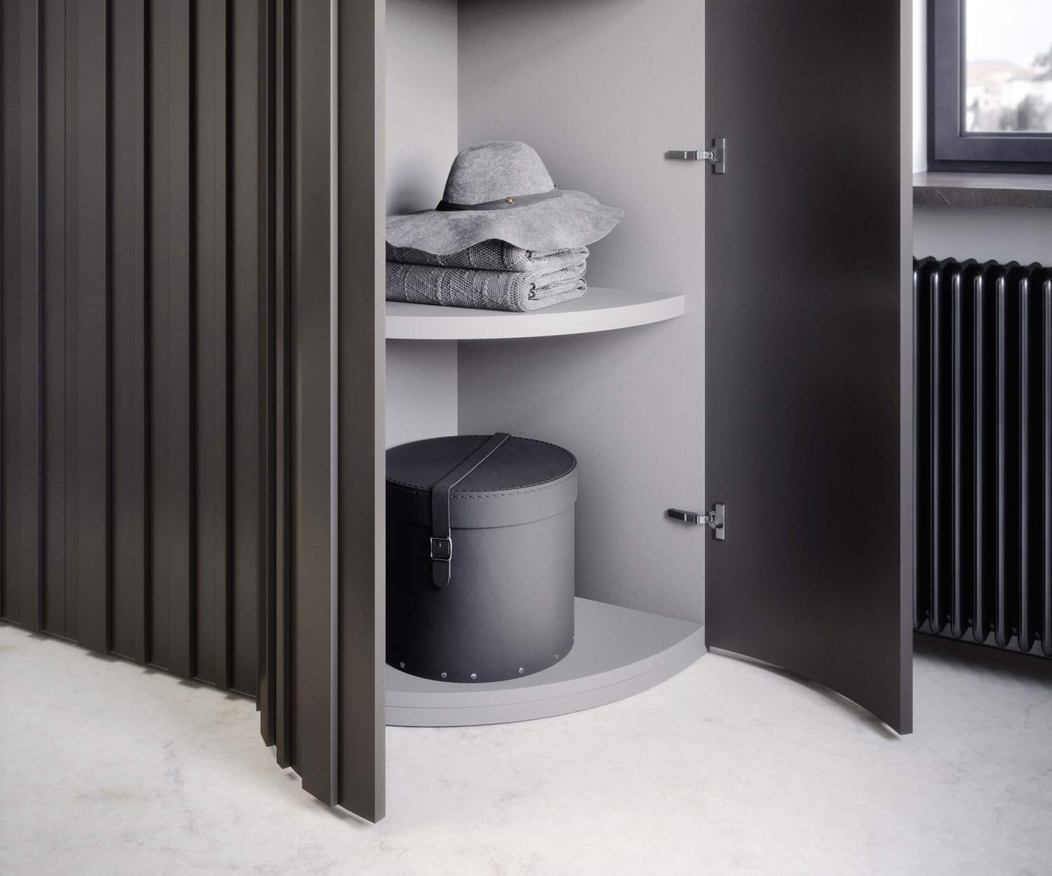 Design Kleiderschrank Alfa Curvo keine Ecken Holz Dunkel Rustikal Modern Luxus