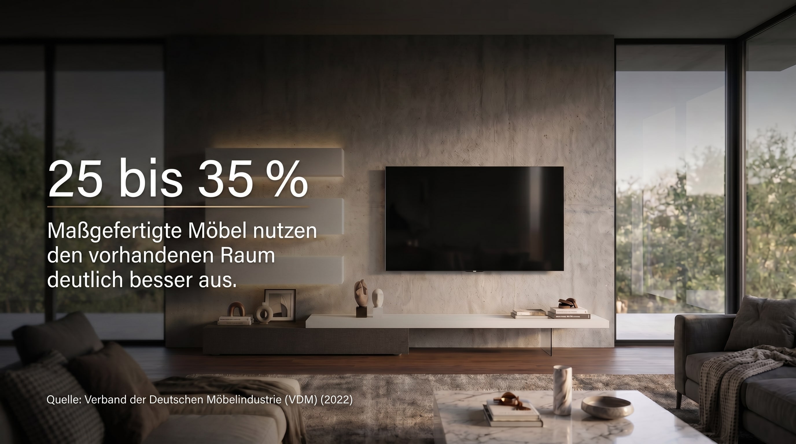 25 bis 35 % – Maßgefertigte Möbel nutzen den vorhandenen Raum deutlich besser aus.