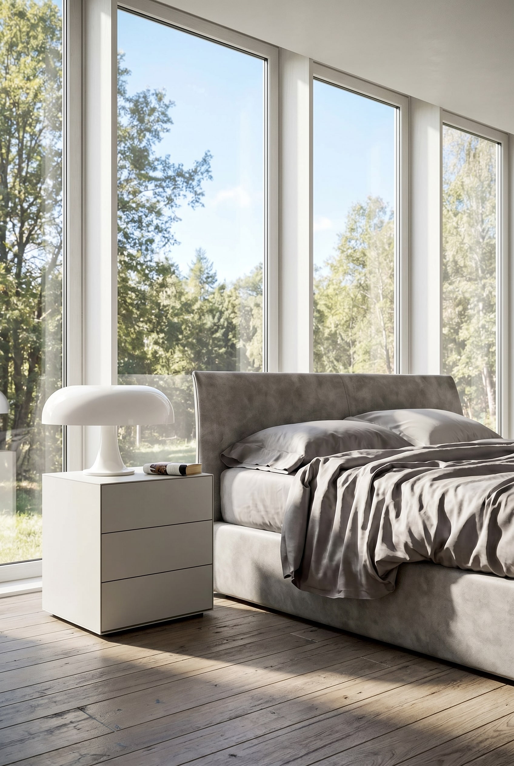 Livitalia Ecletto Nightstand with 3 drawers next to a high box spring bed in a bright bedroom