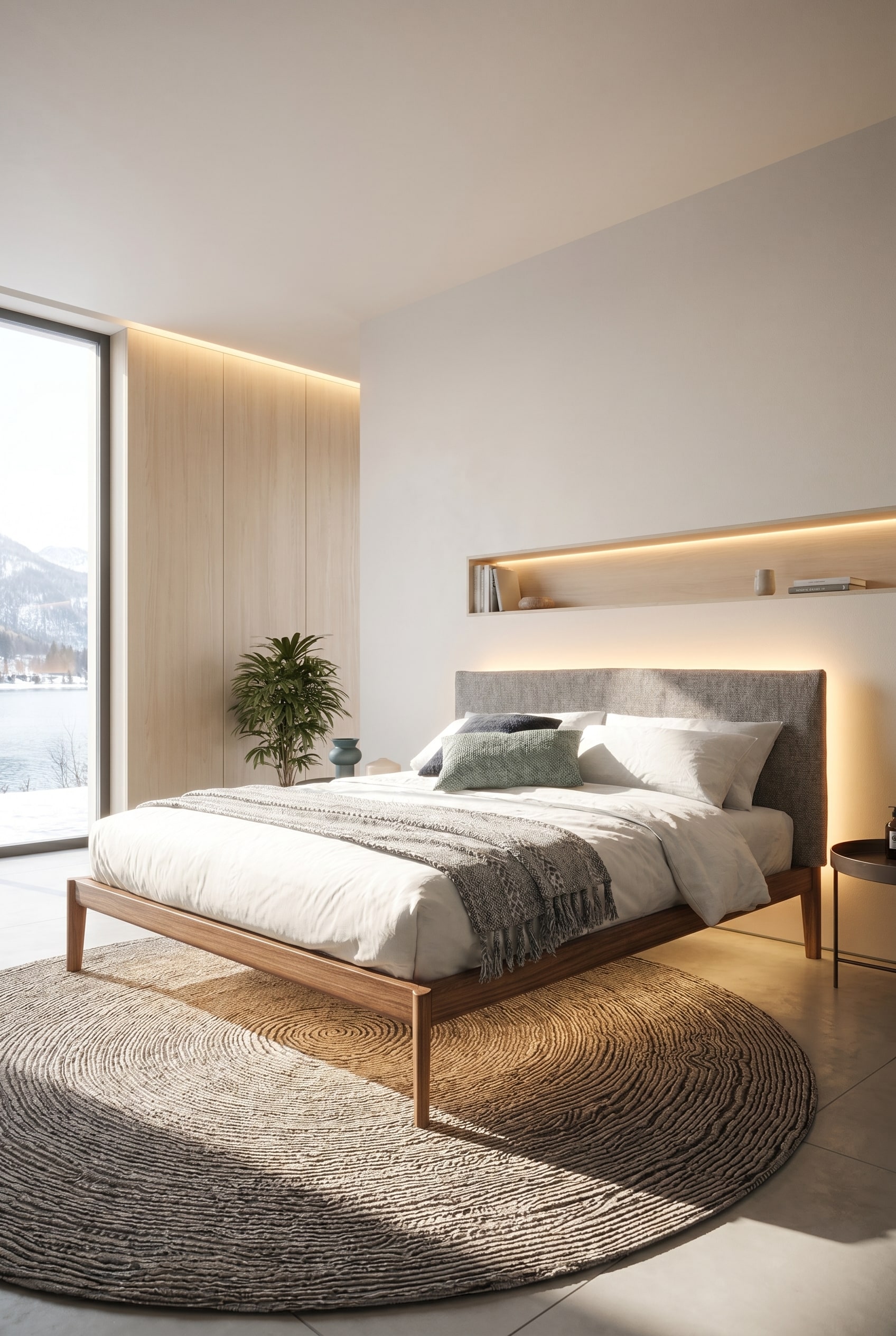 Helles skandinavisches Schlafzimmer mit dem Neos Bett aus Naturholz und einem von warmem Licht angestrahlten Holzrahmen