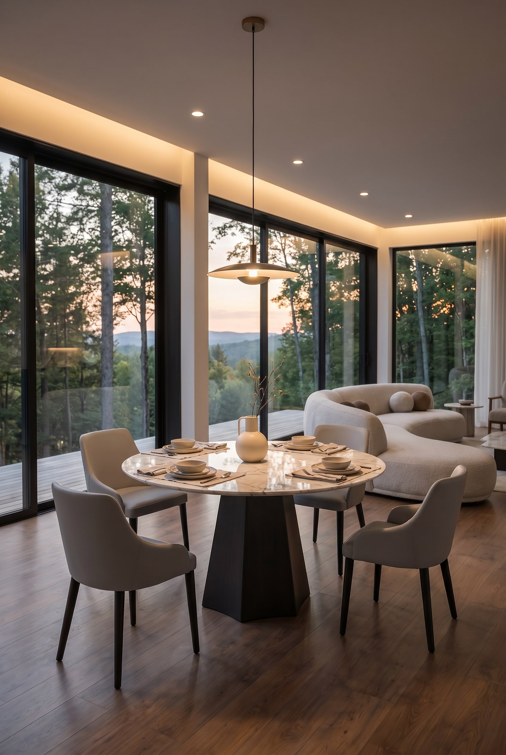 Modernes Esszimmer mit facettiertem Keramik-Esstisch Poliedro, vier modernen Stühlen und dezentem Tischstyling bei Tageslicht
