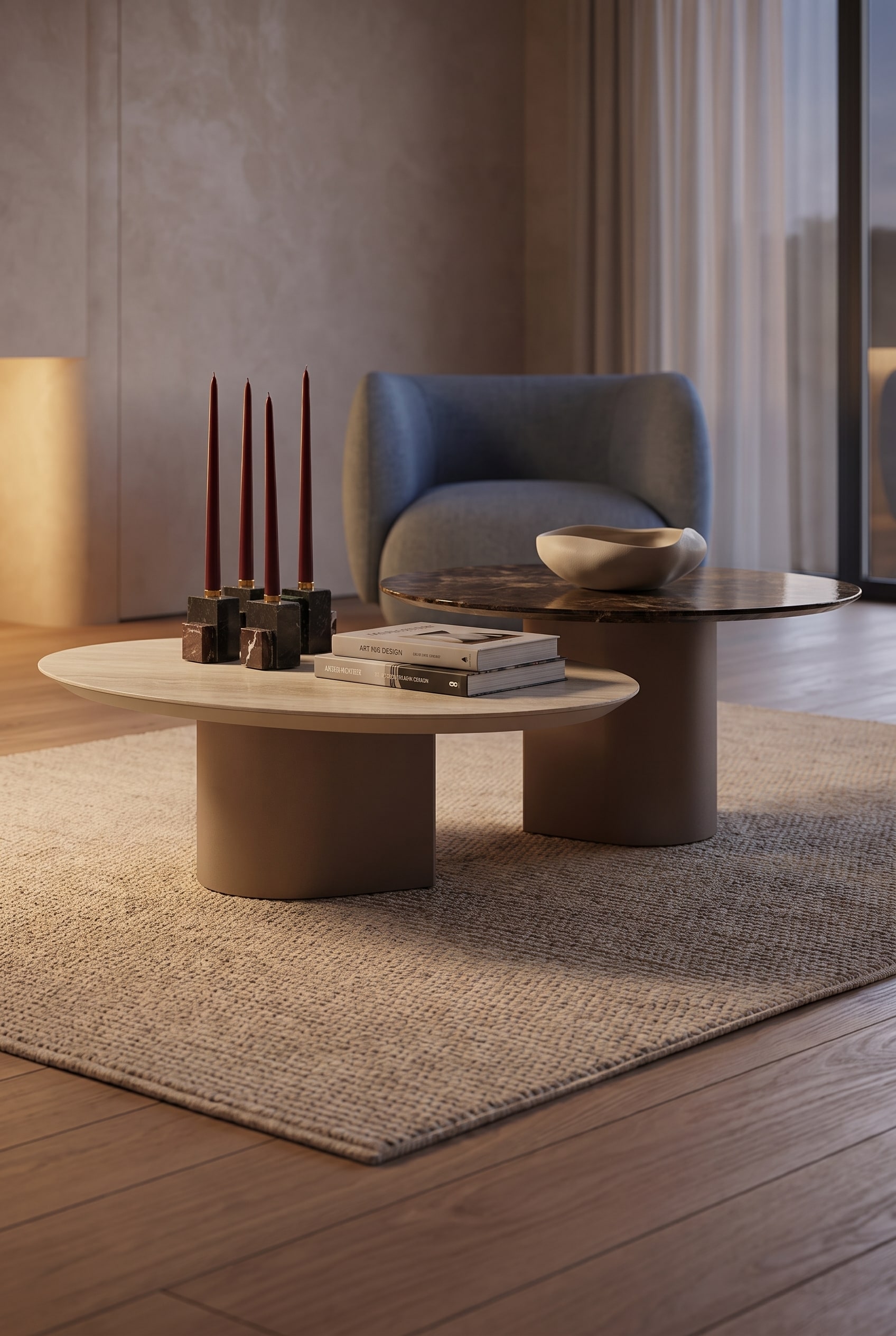 Modern living room with a coffee table combining a noble walnut wood tabletop with an anthracite-colored, filigree metal frame, decorated with art books.
