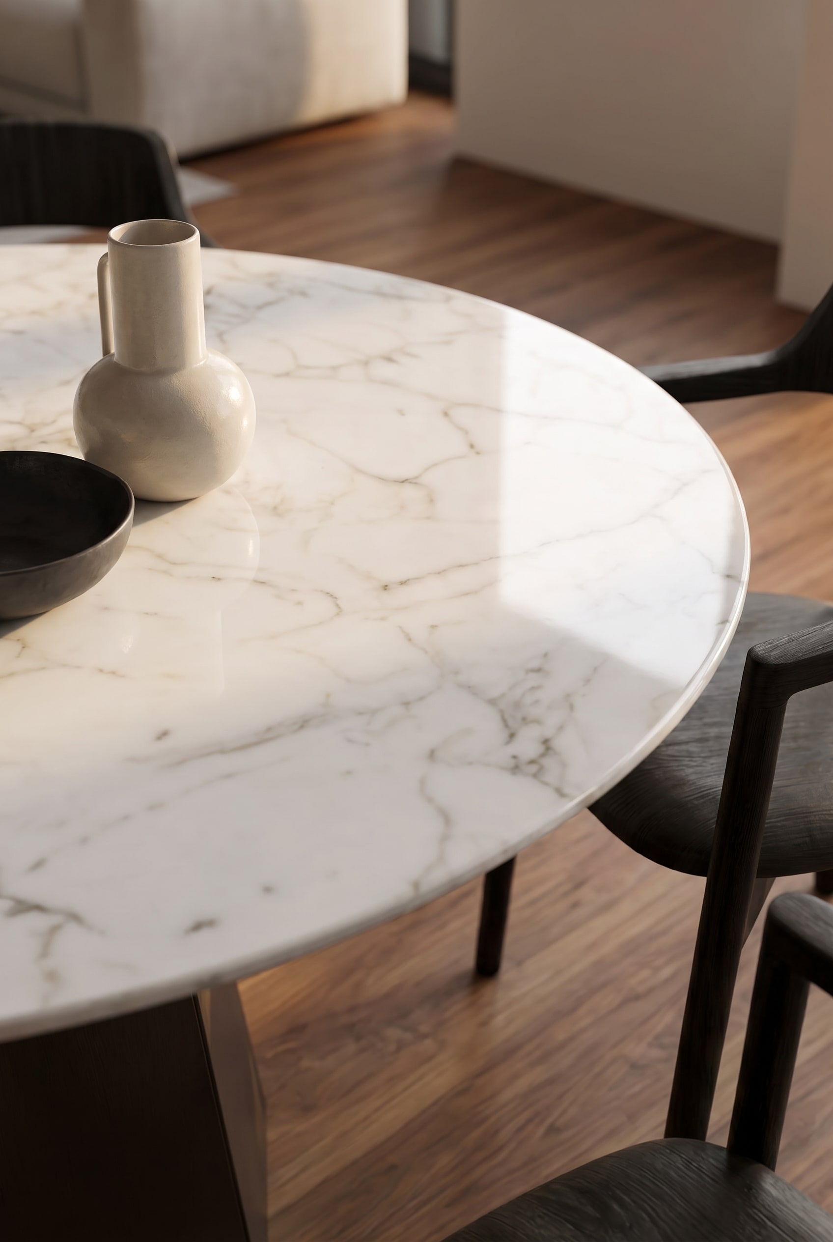 The high-gloss and resistant ceramic top of the Livitalia Poliedro Dining Table.