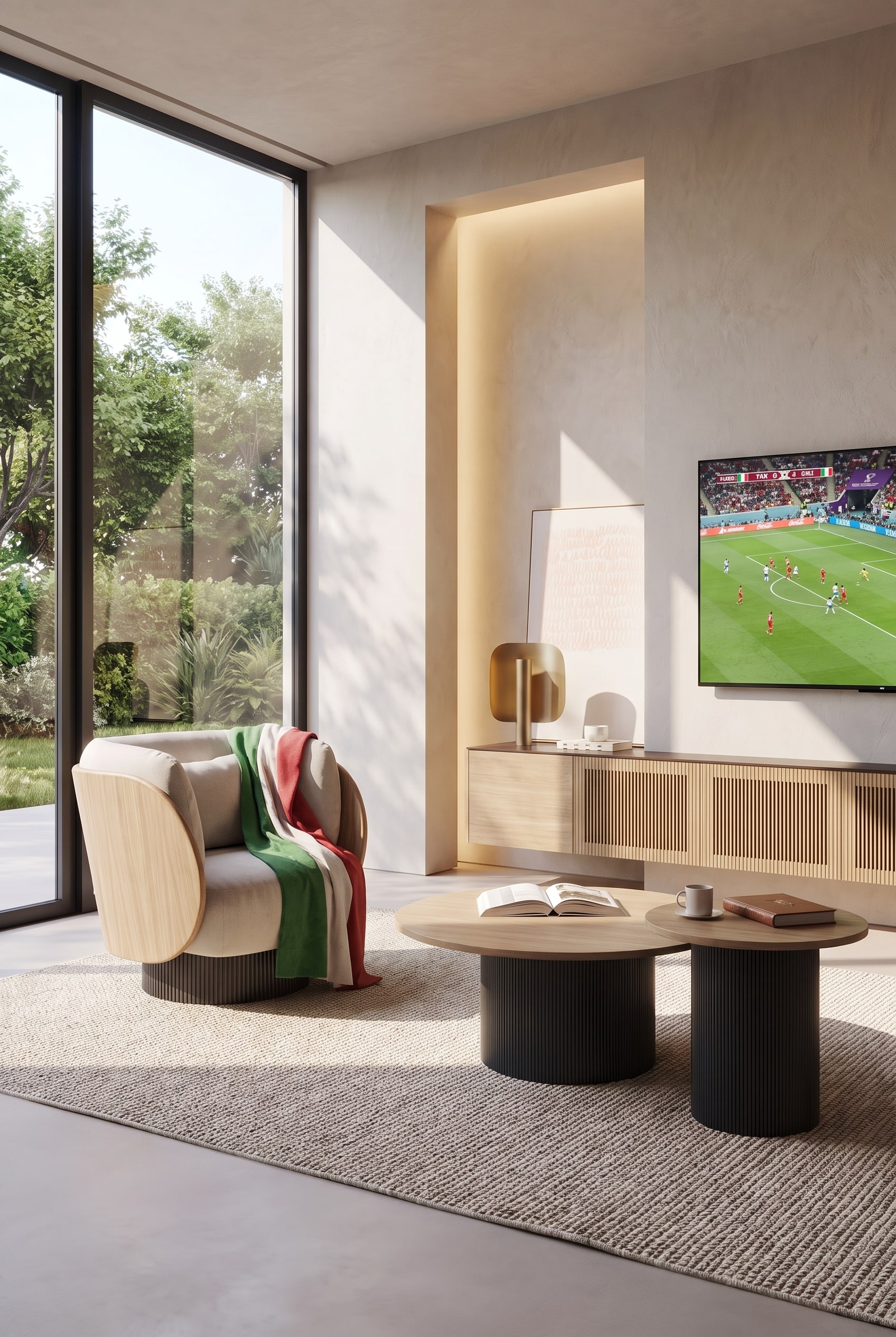 Light-filled living room with sculptural Punt Dune Design swivel armchair with wooden shell, side table, and indirectly lit niche