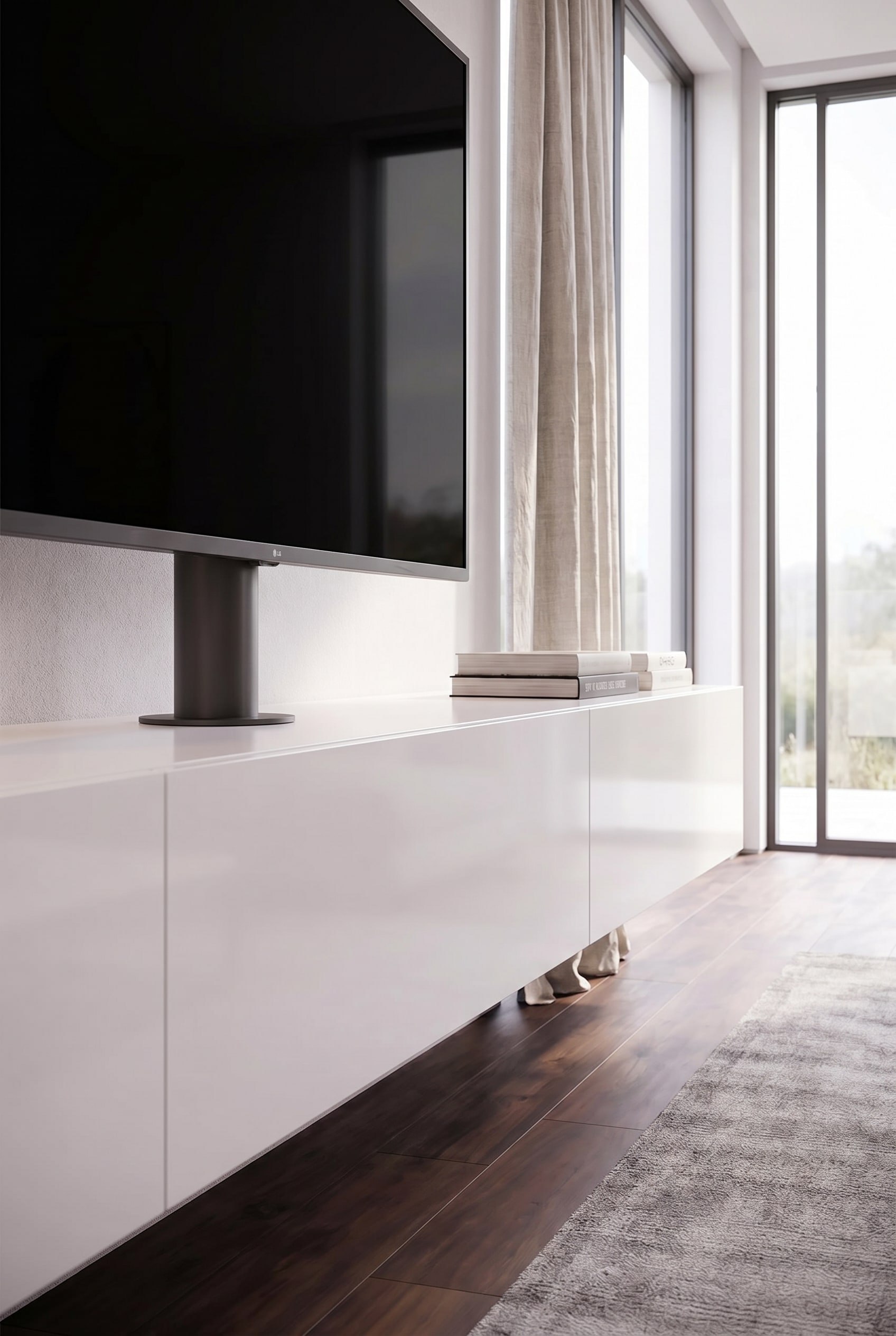 Detailaufnahme der schwenkbaren TV-S&auml;ule und des Kabelmanagements