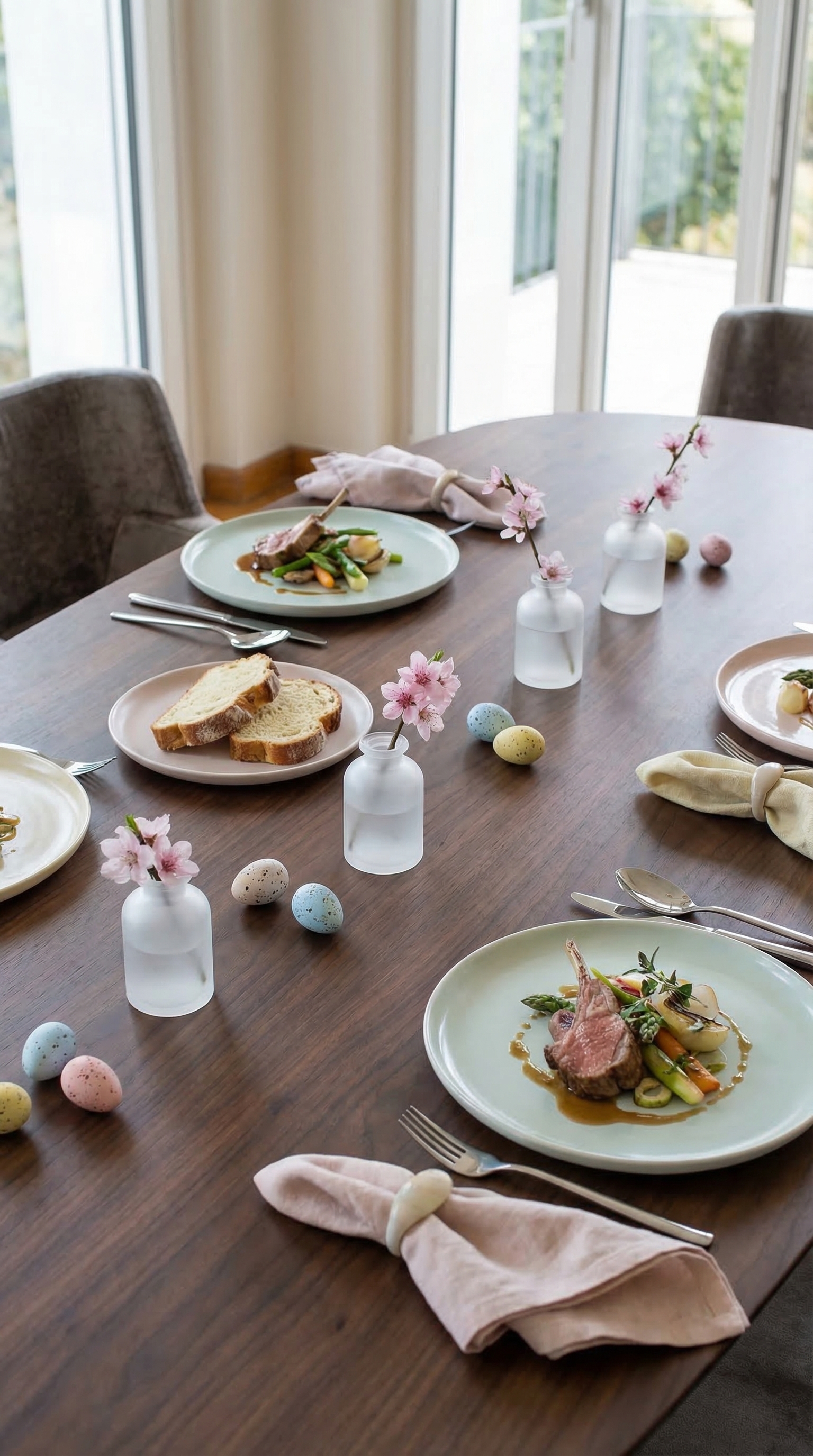 Nahaufnahme eines edlen Holztisches mit minimalistischer Osterdekoration in Pastellfarben.