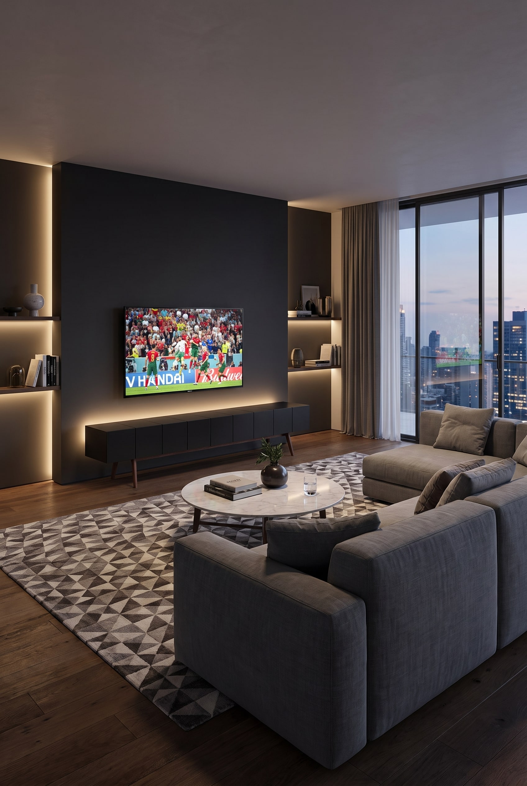 Minimalist living room with an elongated al2 Lowboard MOS-I-KO 005 B, hidden technology, TV, and soft LED backlighting