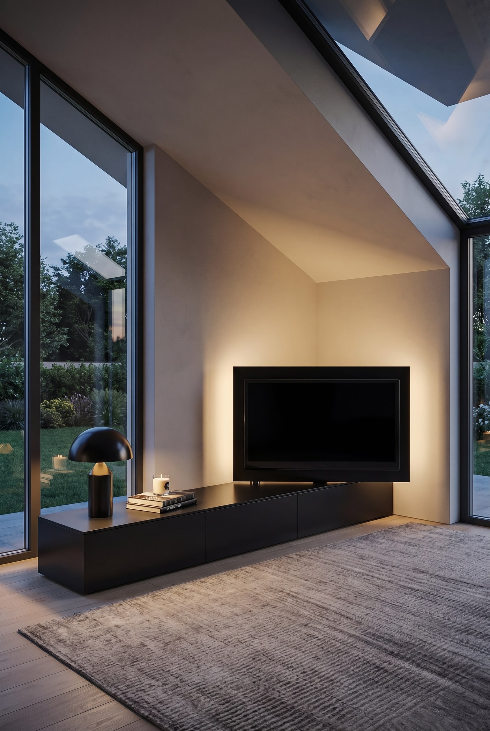 Attic living room with a floor-level black TV lowboard and a swiveled-out flat screen
