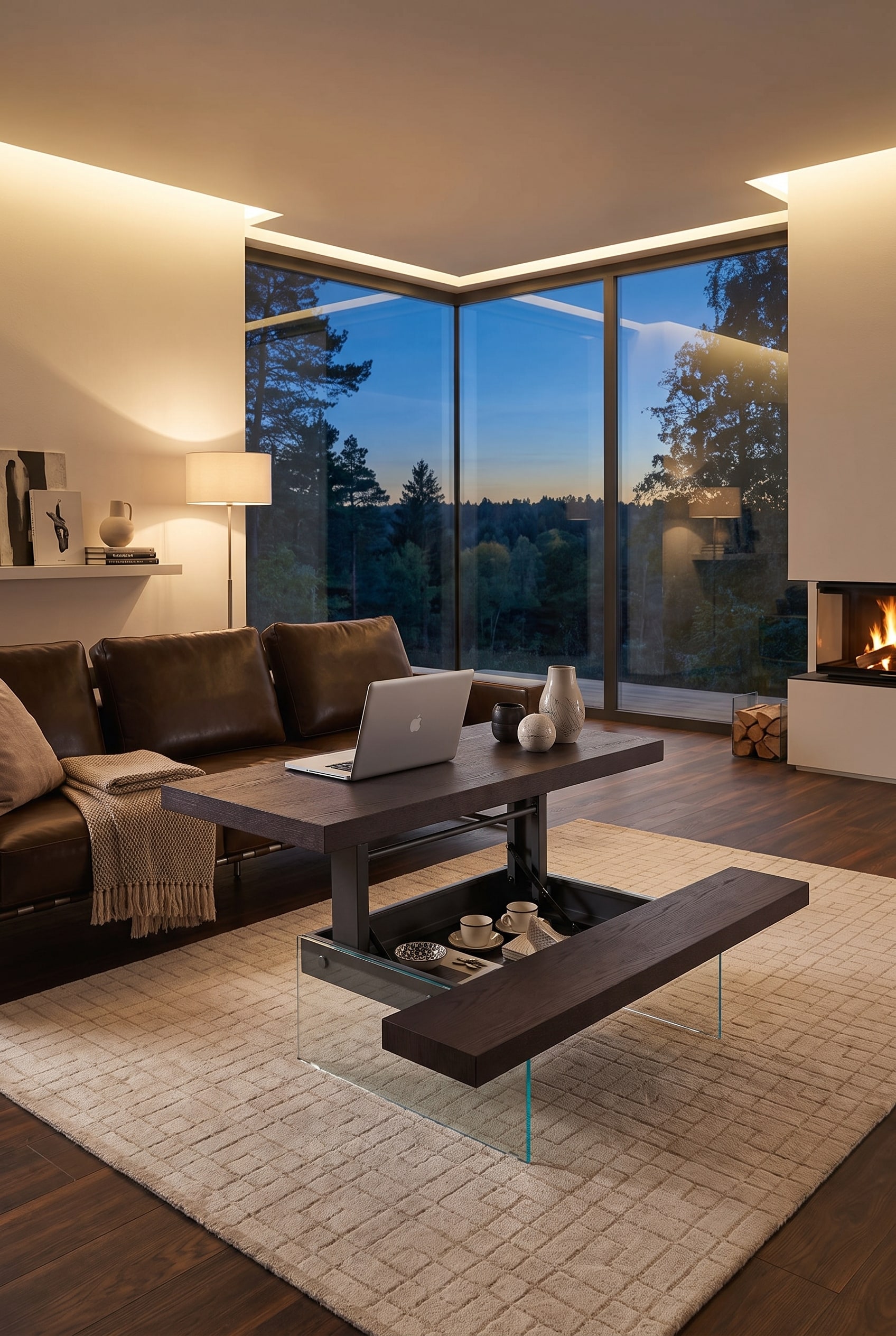 An elegant, height-adjustable coffee table with a raised wooden tabletop in front of a grey fabric sofa, on which an open laptop rests.