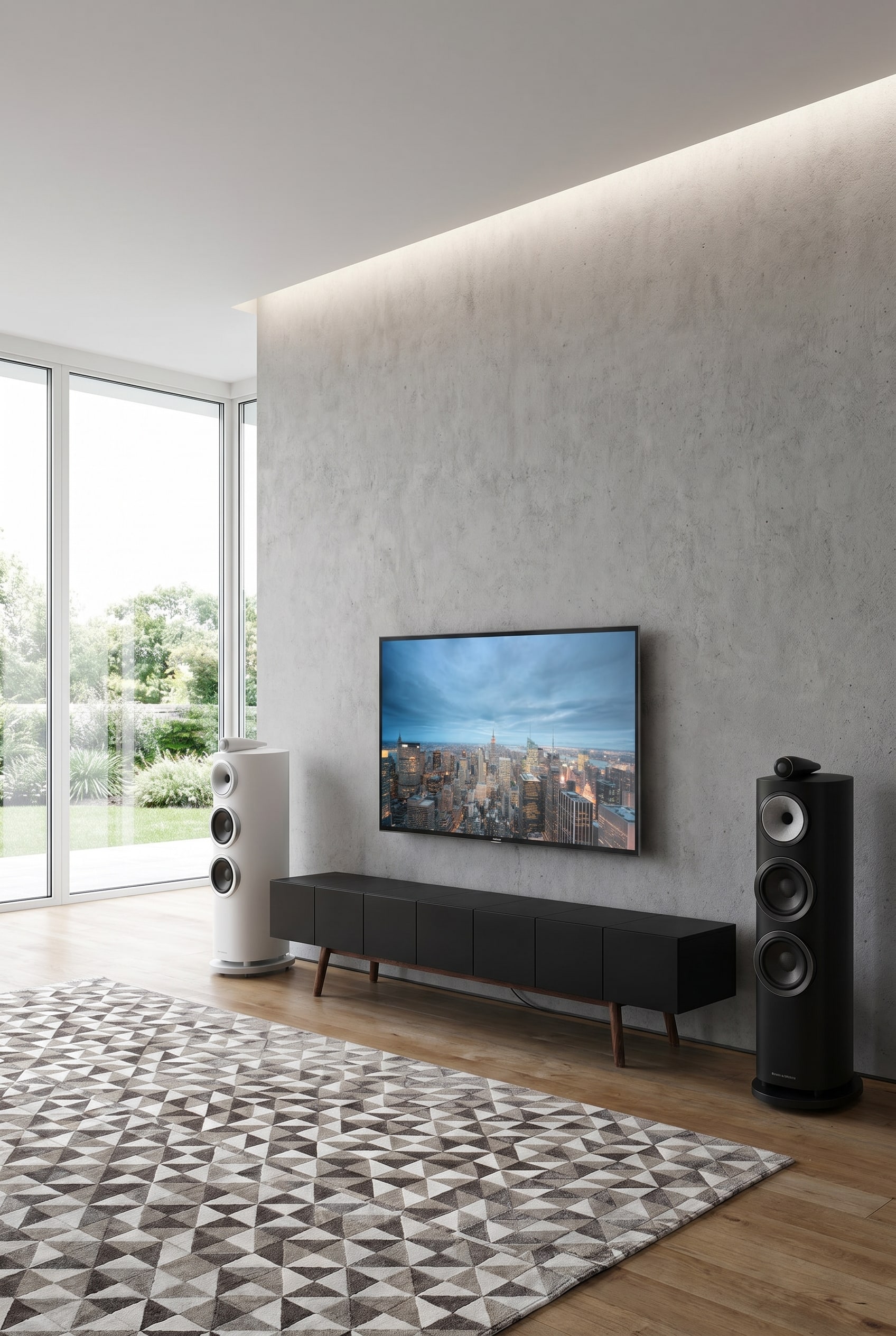 Minimalist living room with matte black lowboard on wooden feet and a freestanding speaker with wall clearance